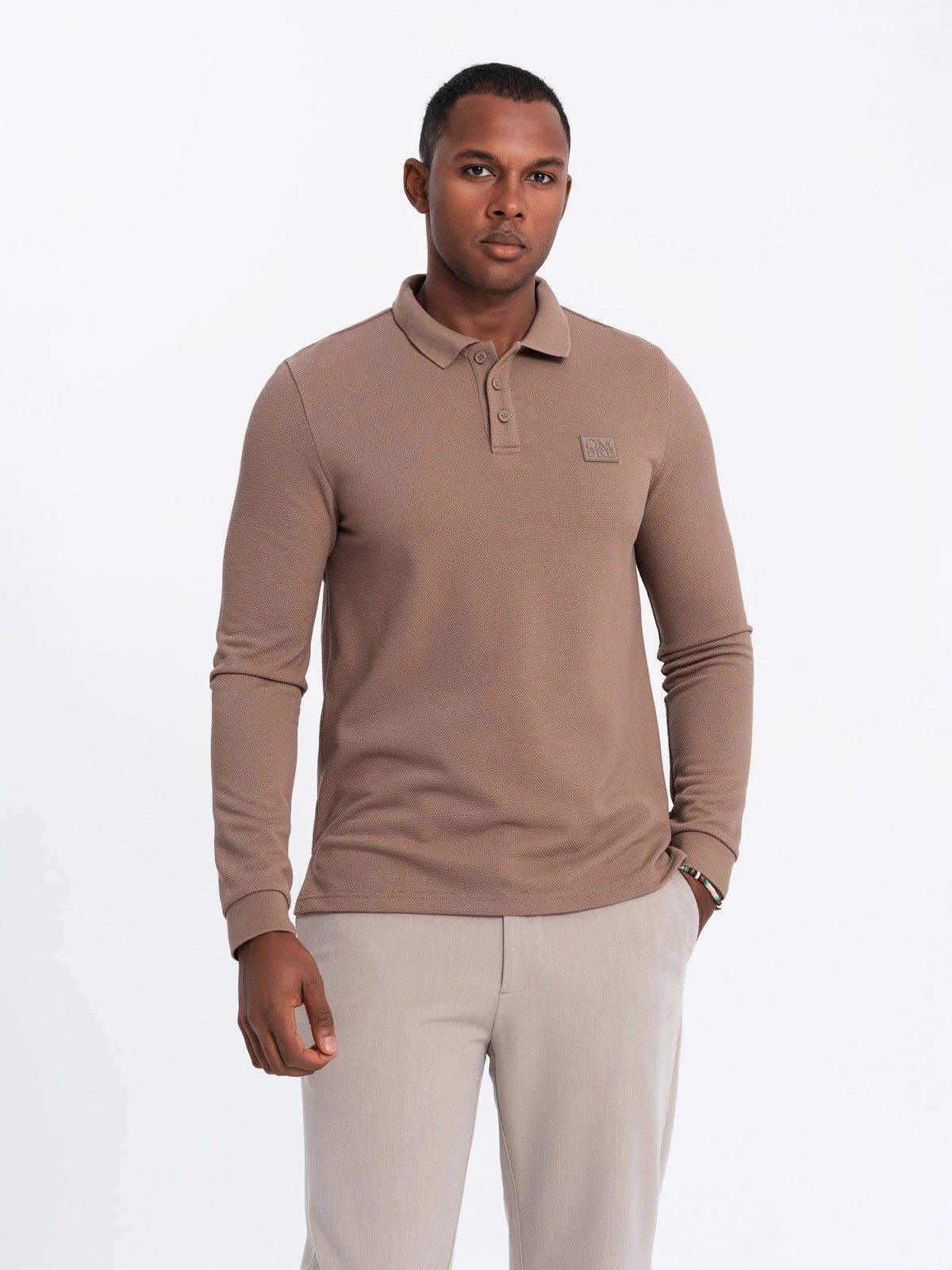 OMBRE Longsleeve Strukturiertes Herren-Polo-Longsleeve mit Patch