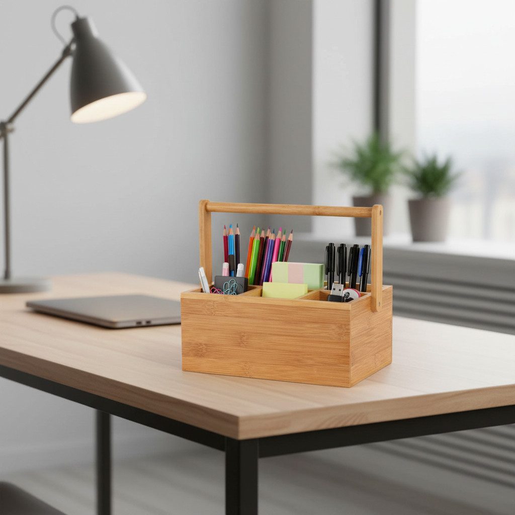 hausleben Organizer Bambus mit Henkel – Aufbewahrungsbox mit für Bad,Küche&Büro (Pachung, 1 St., Tragbarer Ordnungshelfer für Kosmetik&Zubehör), 4 Fächer, 25x12x20 cm