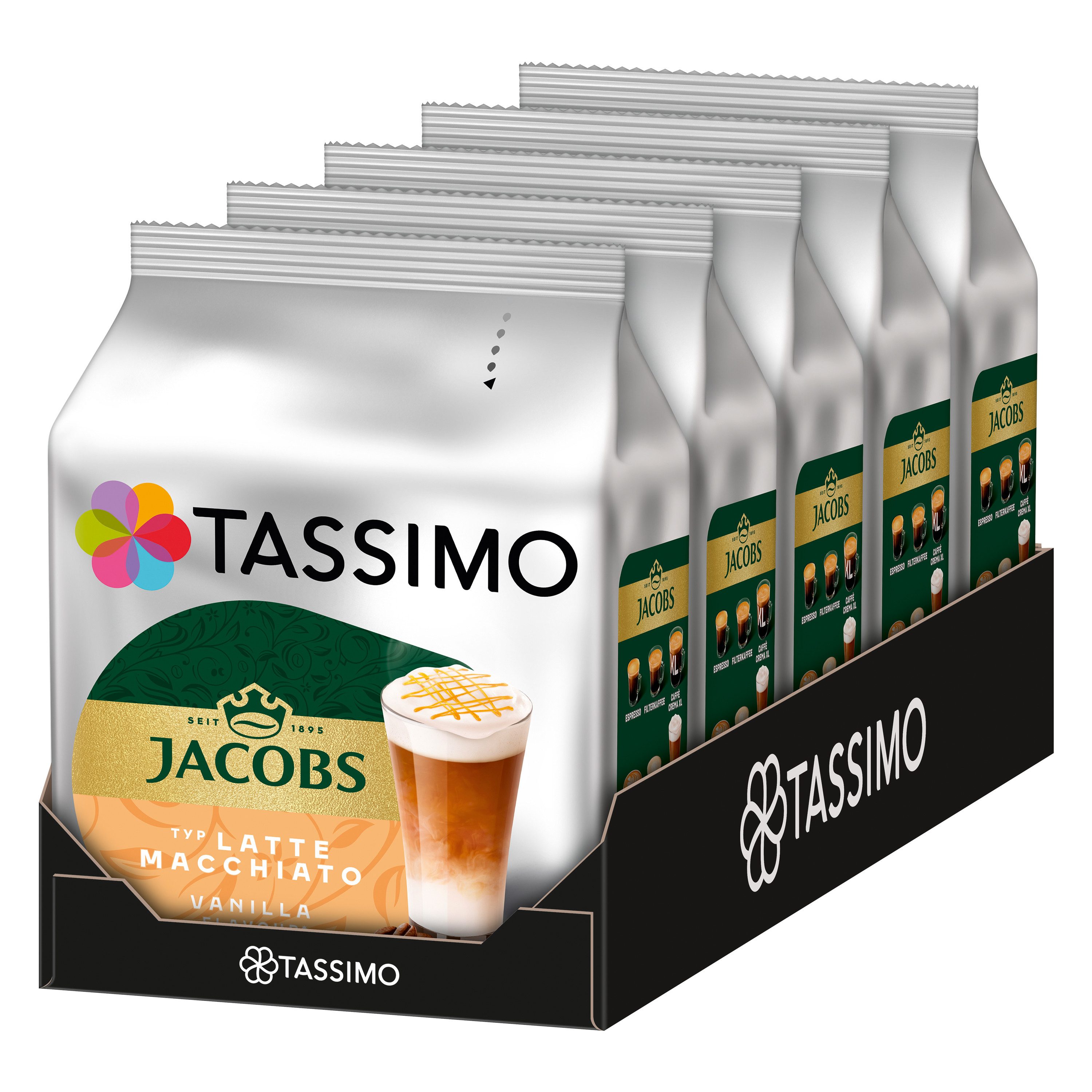 TASSIMO Kaffee Kapseln Jacobs Latte Macchiato Vanilla T Discs 40 Getränke, (Packung, 5er Pack)