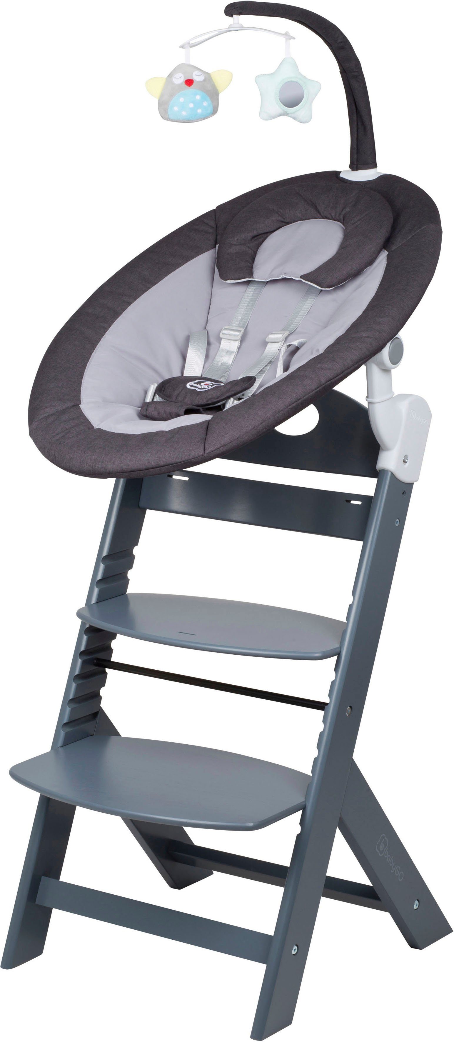 BabyGo Hochstuhl Family Homey Set, grau/dunkelgrau, mit elektrischer Babywippe inkl. Spielbogen