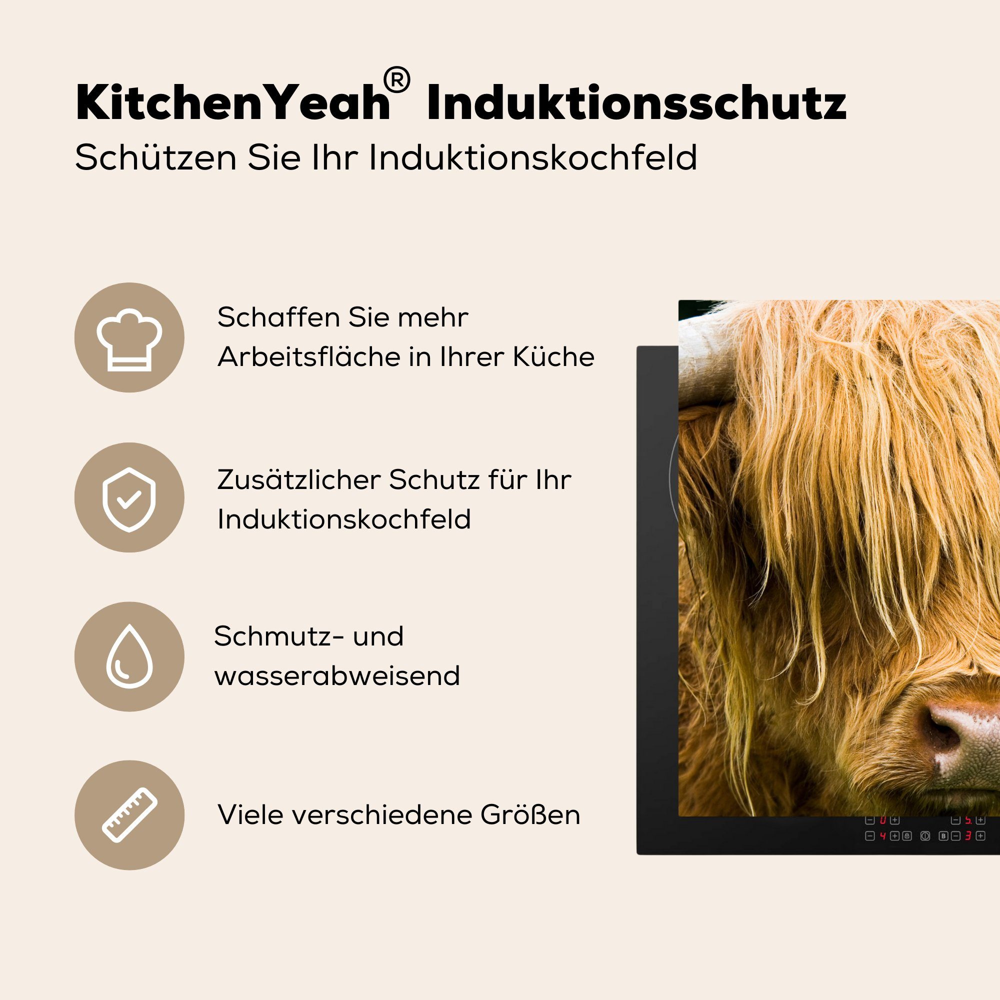 MuchoWow Herdblende-/Abdeckplatte Schottischer küche Arbeitsplatte 78x78 cm, - Tiere - Vinyl, (1 Ceranfeldabdeckung, - - Kuh, für Gras Highlander tlg), Fell