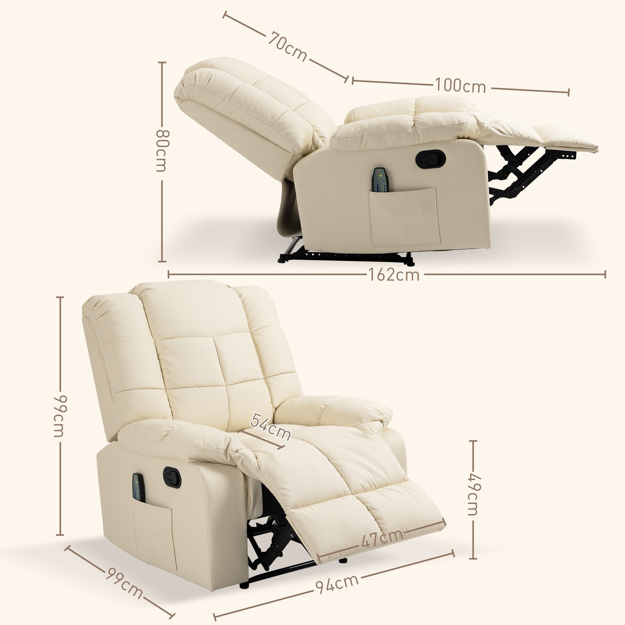 HOMCOM Massagesessel TV Sessel Liegesessel mit Liegefunktion Vibration (Relaxsessel, 1-St., Fernsehsessel), für Wohnbereich, Cremeweiß – Bild 3 von 5