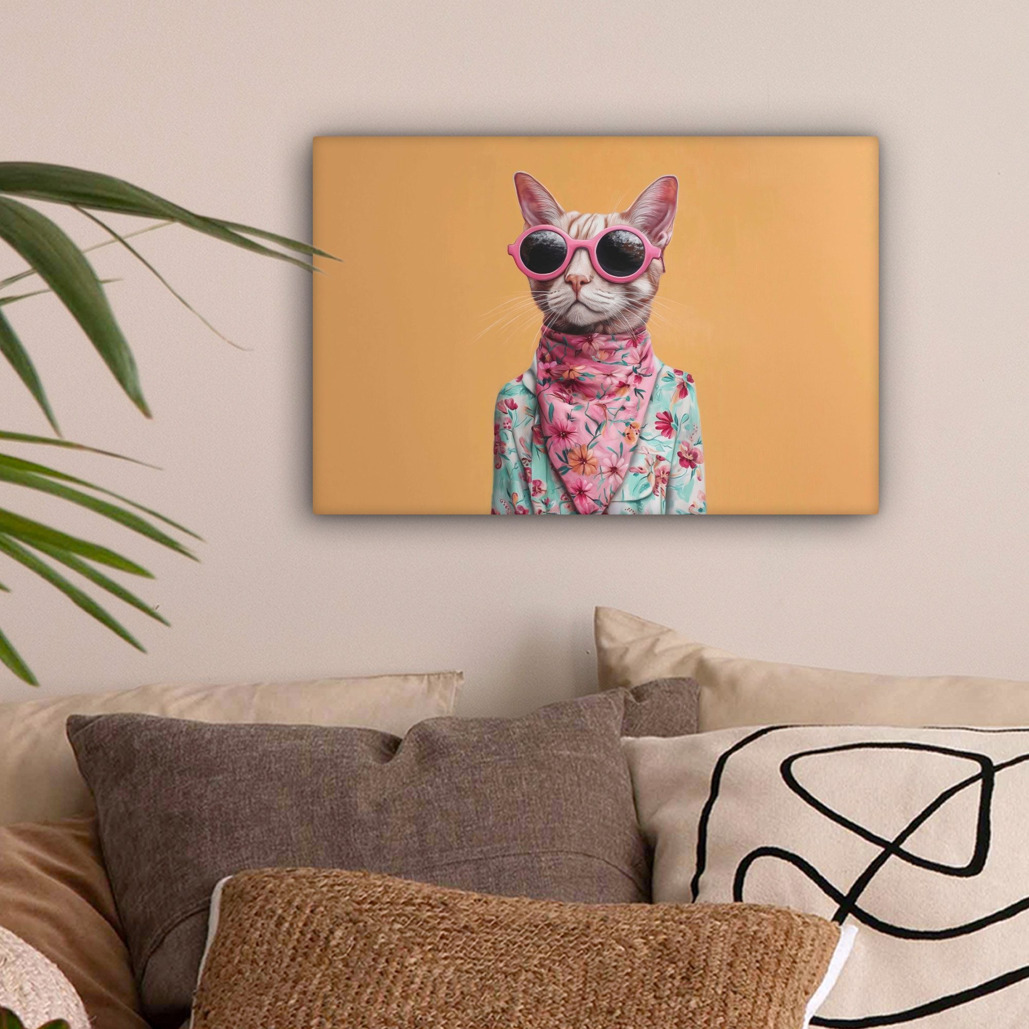 OneMillionCanvasses® Leinwandbild Sonnenbrille - Katze - Halstuch - Blumen, günstig online kaufen