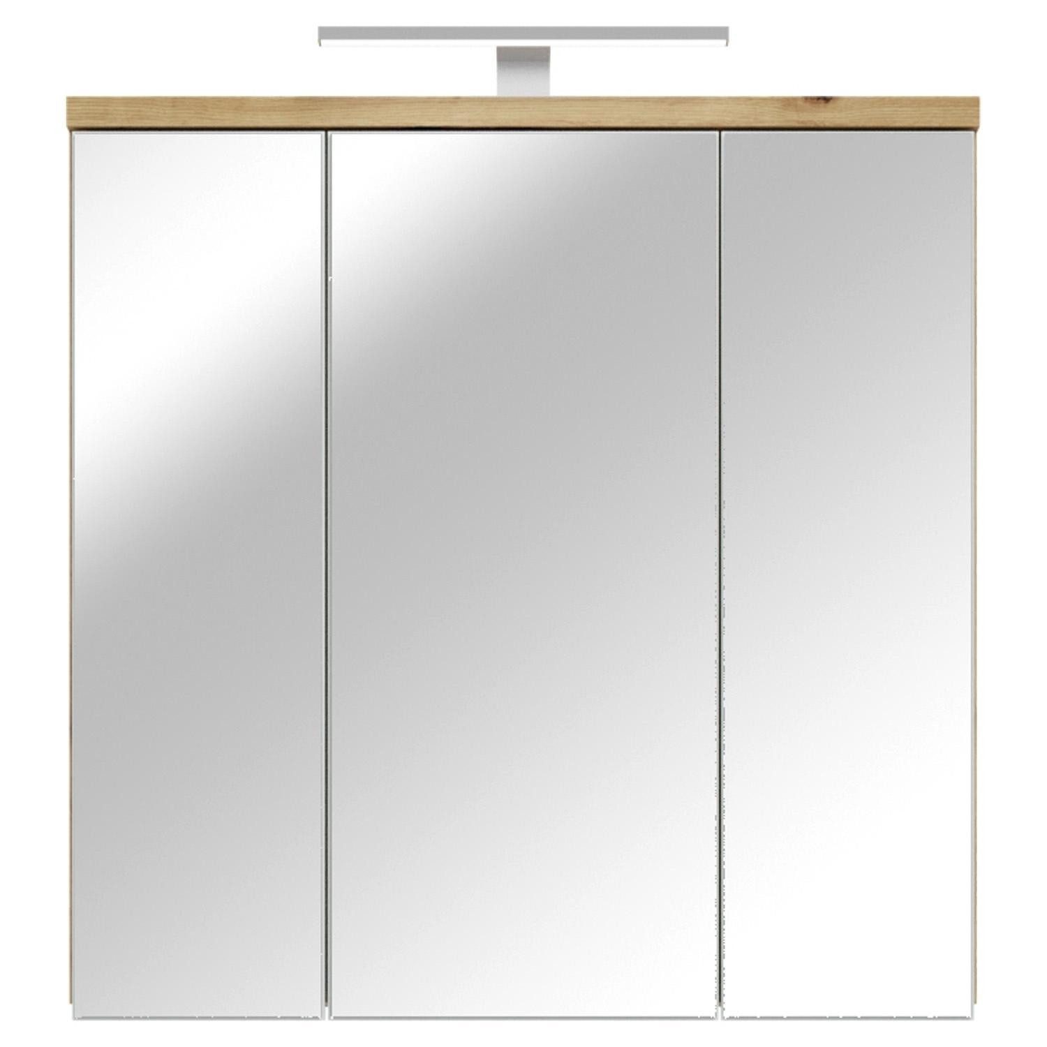 FORTE Spiegelschrank VERIS, B 69 x H 68 x T 20 cm, Artisan Eiche Dekor, 3-türig, mit LED-Aufsatzleuchte