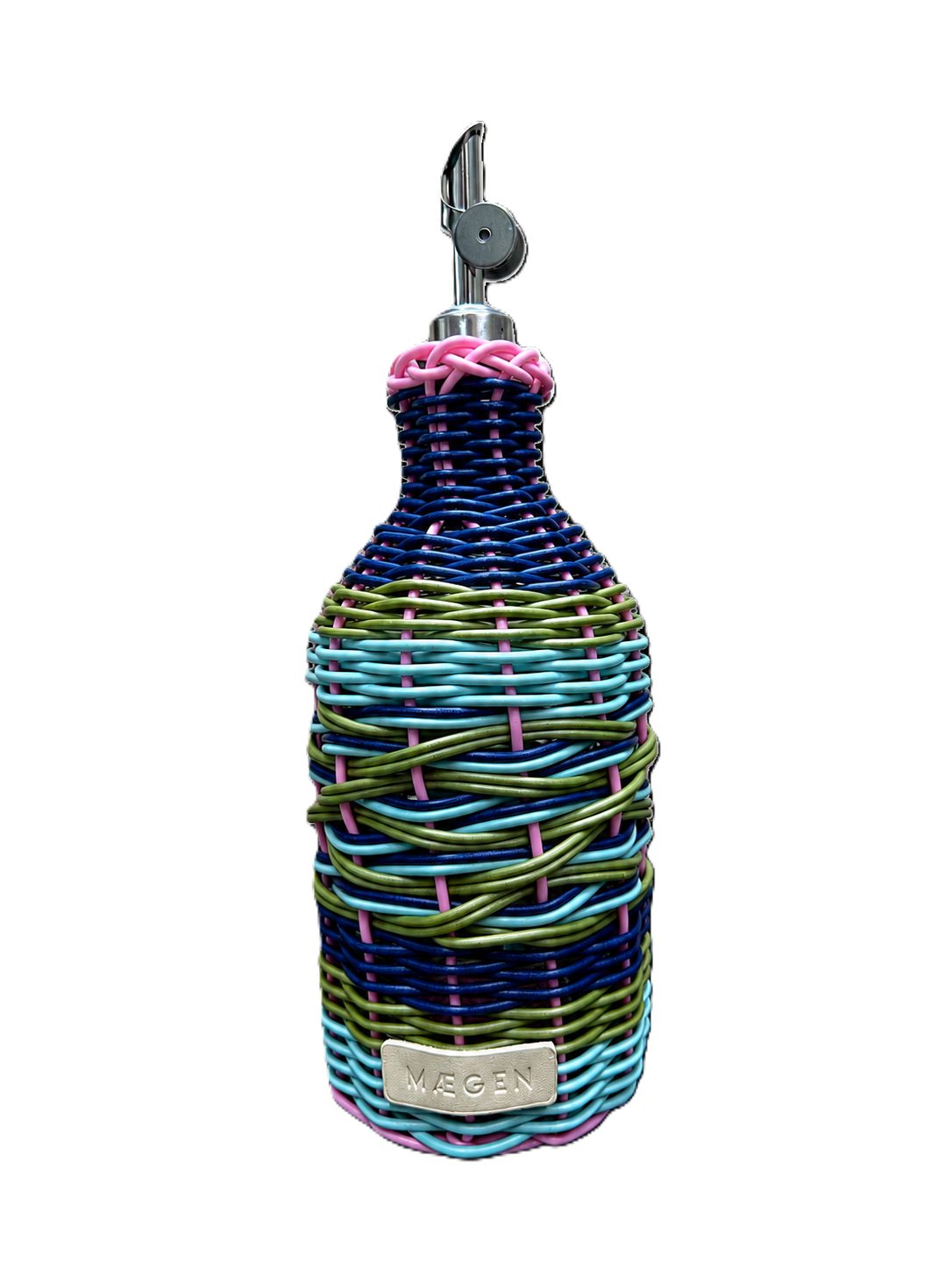 ILOKEN Ölspender Maegen Glas-Ölspender mit Edelstahlausgießer, 900 ml, 30 cm hoch; handgeflochtenes buntes Geflecht; kontrolliertes Gießen