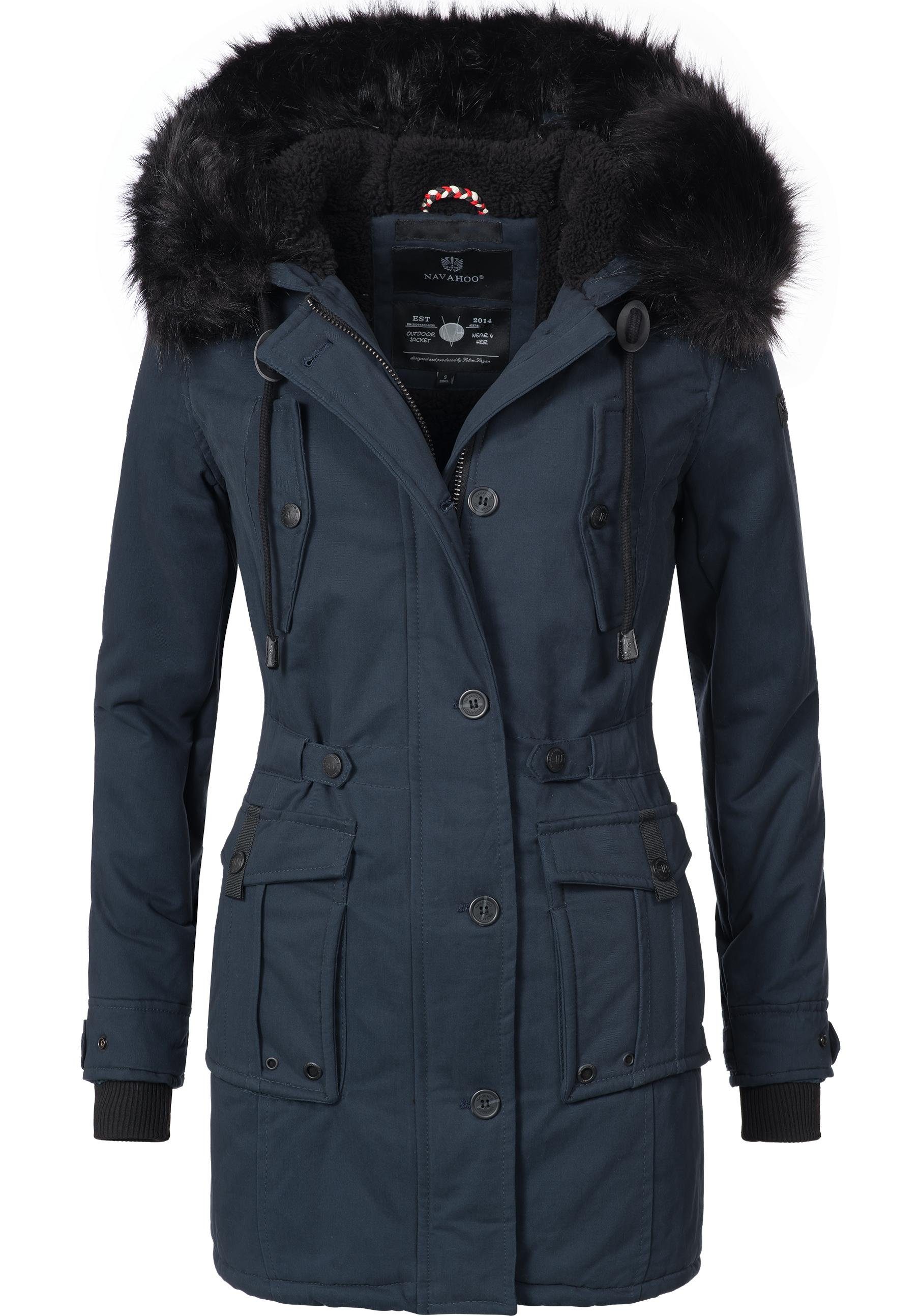 Wintermantel Baumwoll edler Parka blau Luluna Navahoo mit Fellimitat