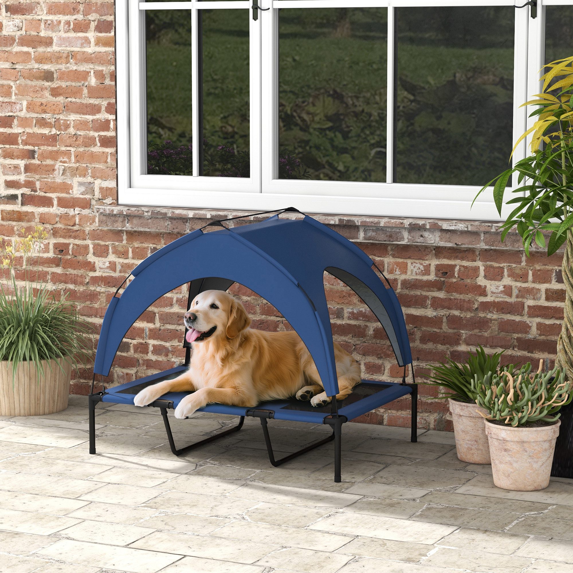 PawHut Tierbett Erhöhtes Hundebett, Outdoor Hundeliege, Atmungsaktiv, Dunkelblau, Oxford, Taftstoff, für große Hunde Dunkelblau Oxford 106 x 76 x 94 cm
