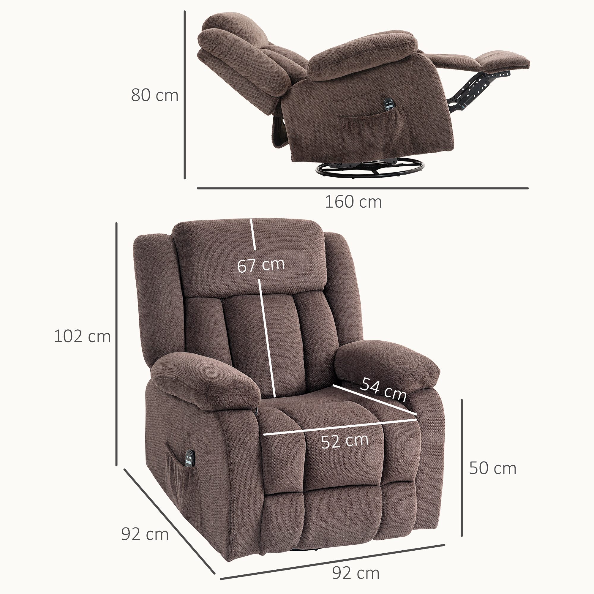 HOMCOM Massagesessel Drehbar Fernsehsessel mit Vibrationsmassage, Heizfunktion (Set, 1-St., 1), 150° Liege, 8-Punkt-Massage, Lendenwärme – Bild 3 von 5