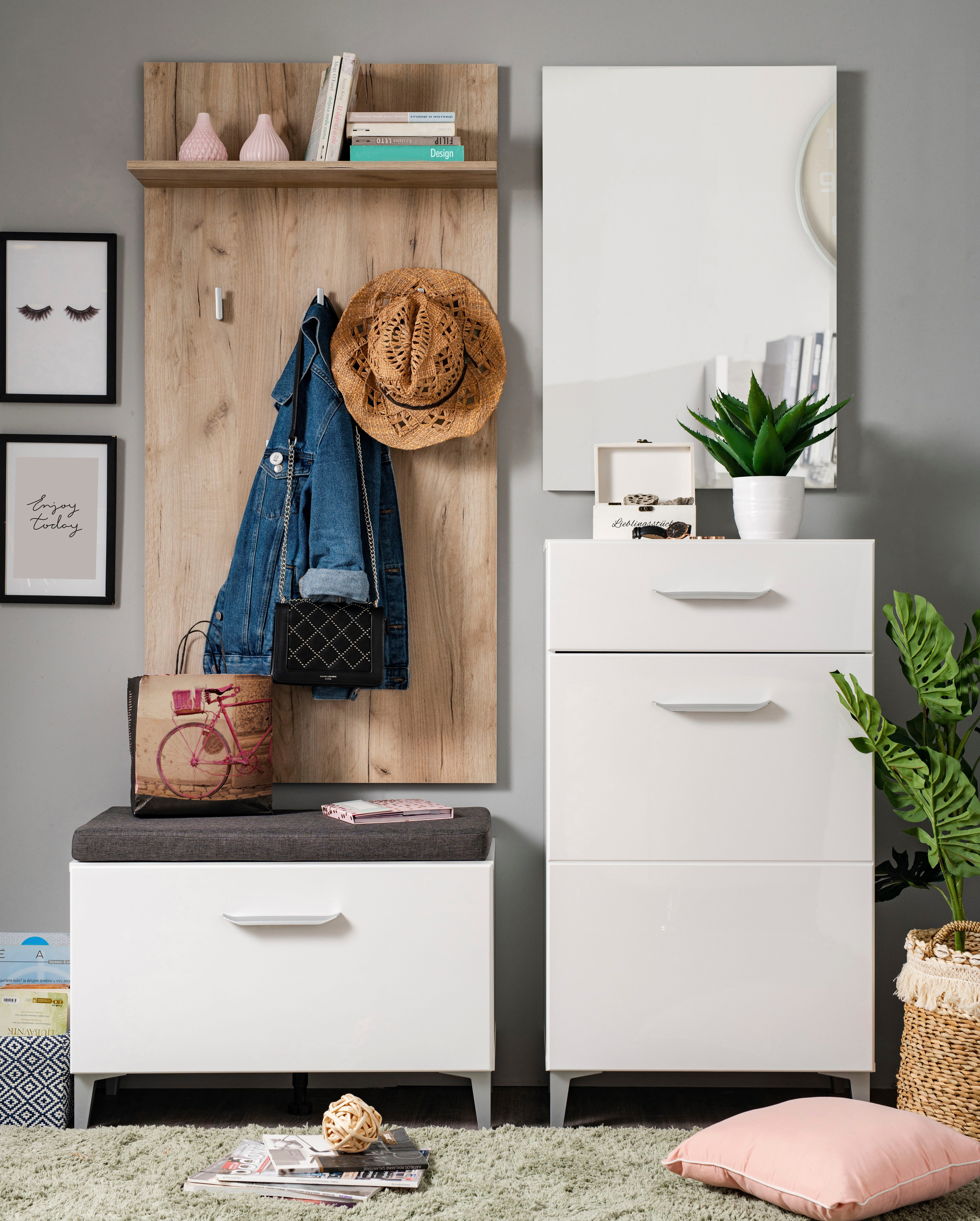 INOSIGN Garderoben-Set Como, (4-St., 4-st), (Set, 4-St) inkl. Schuhschrank, Sitzbank, Garderobenpaneel und Spiegel