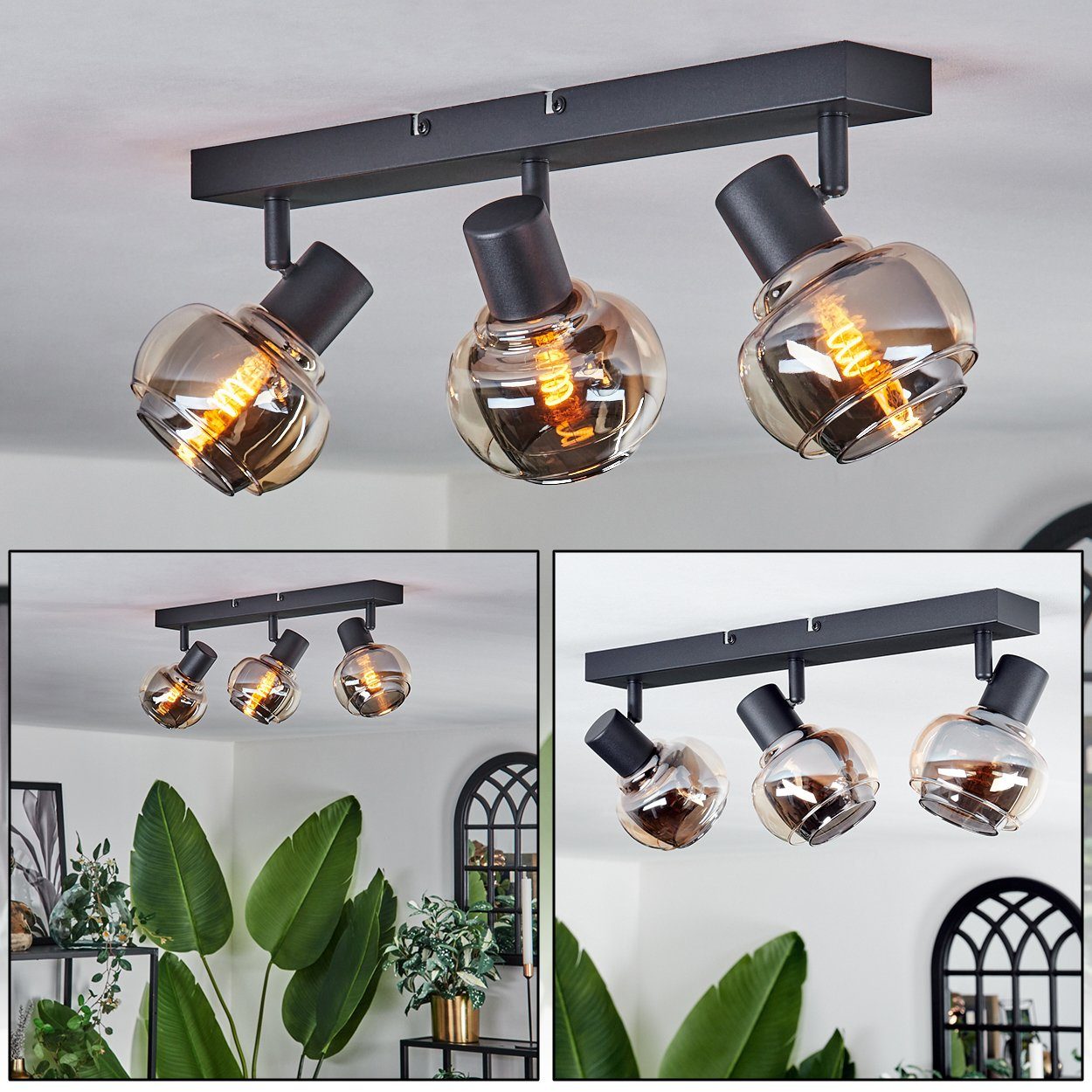 hofstein Deckenleuchte Deckenlampe aus Metall/Glas in Schwarz/Rauchfarben/Bernsteinfarben, ohne Leuchtmittel, verstellbare mit Schirmen aus Rauchglas, 2x E14, ohne Leuchtmittel