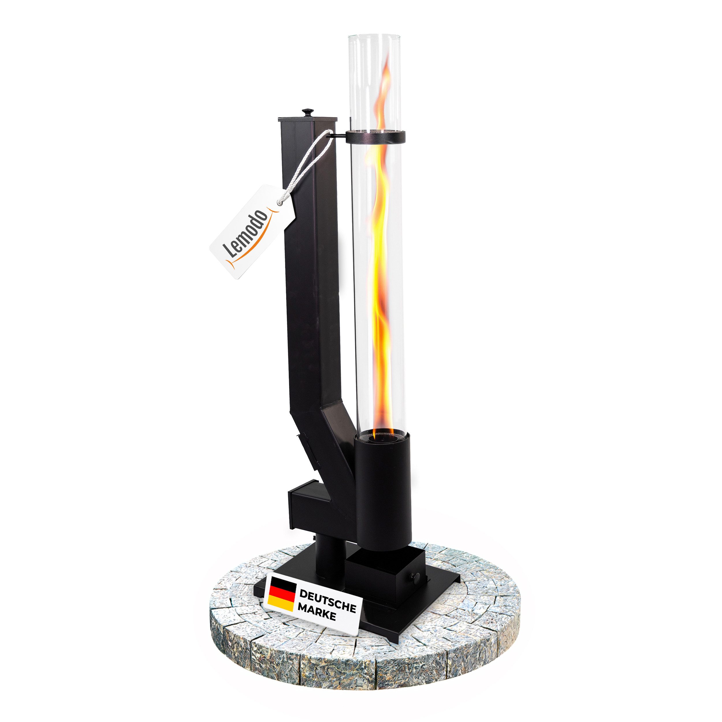 Lemodo Heizstrahler Pelletfackel CORE Feuersäule Outdoor mit Glasröhre Stahl schwarz