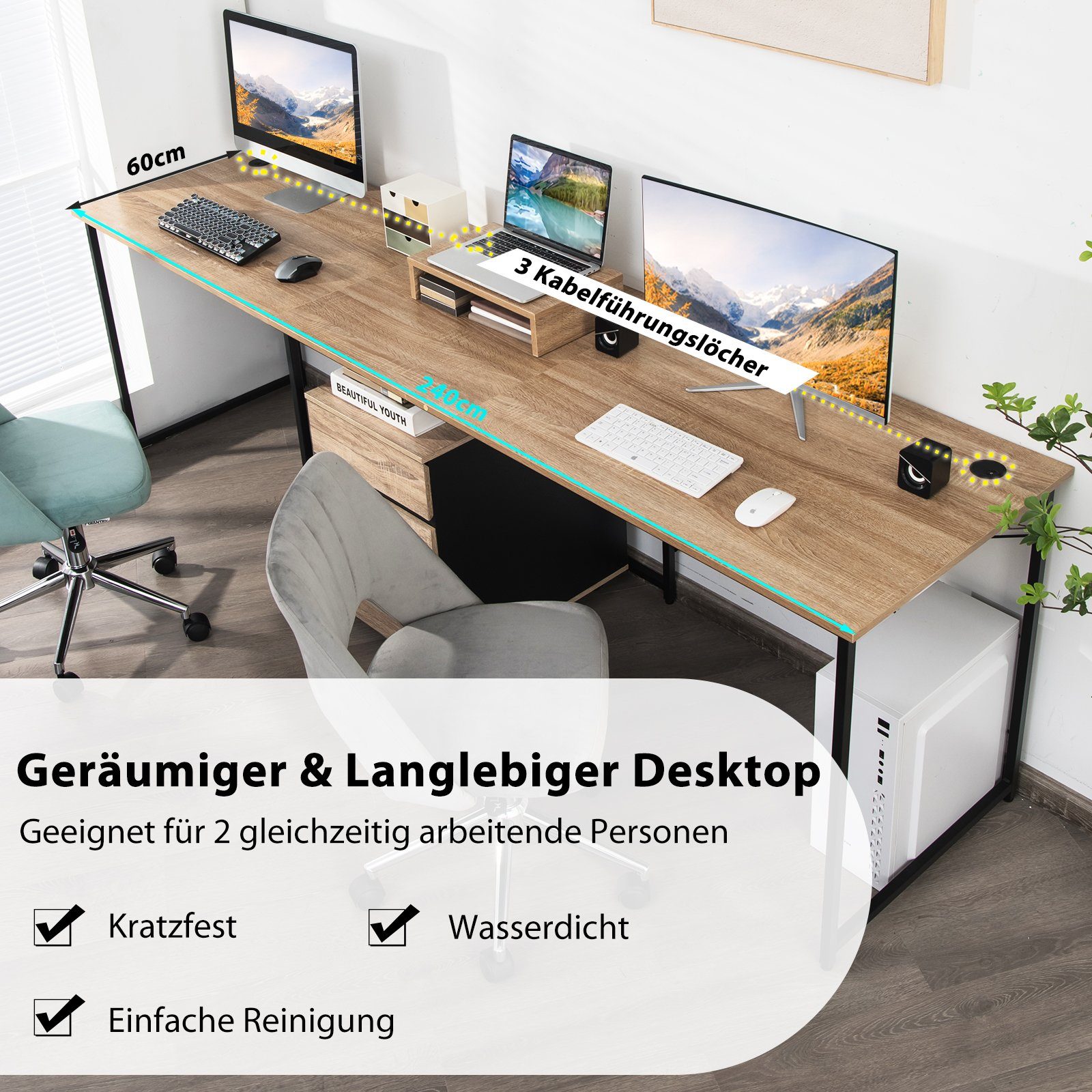 L-Form, 150 74 Monitorständer, 150 x Natur Eckschreibtisch, mit COSTWAY cm x