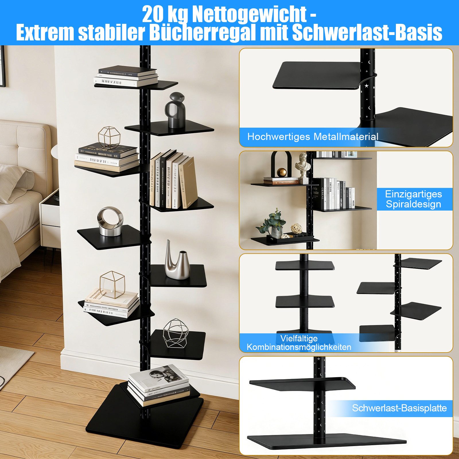 XERSEK Bücherregal 1.8m LED 9-Stöckiges Bücherturm Freistehend Bookshelf Standregal, Drehbaren Metall Regalen, Schwarz, mit LED-Sternenlicht, 180x38x38cm