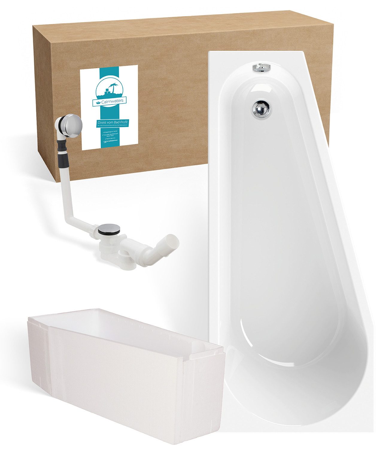 Calmwaters Badewanne Essential Small, Weiß, 160 x 70 cm, Wannenträger, Ablaufgarnitur, 99000328