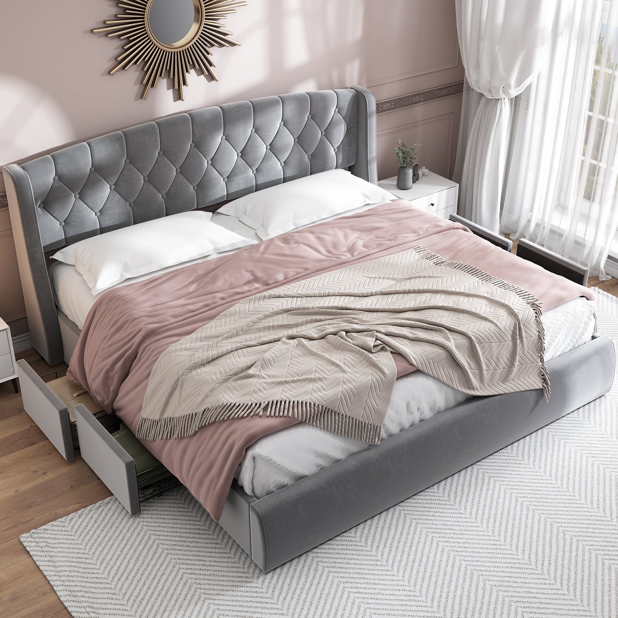 Polsterbett (Polsterbett, 180 x 200 cm Doppelbett mit Lattenrost und 4 Schubladen), Holzbett inkl. Kopfteil mit Rautensteppung, Bezug aus Samtstoff