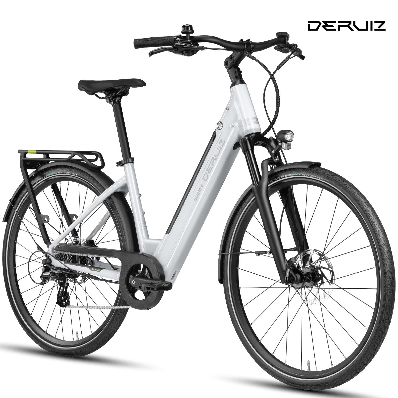 DERUIZ E-Bike Cityrad 28 Zoll Quartz /Quartz SUV 644 Wh, 161 km, Drehmomentsensor, 8 Gang Shimano Shimano Altus RD-M310, 8-Gang Schaltwerk, Kettenschaltung, Heckmotor, 644 Wh, (Federgabel mit Lockout, Drehmomentsensor, Farb-LCD-Display), 60-mm-Federweg, mit mechanischem Lockout, Drehmomentsensor