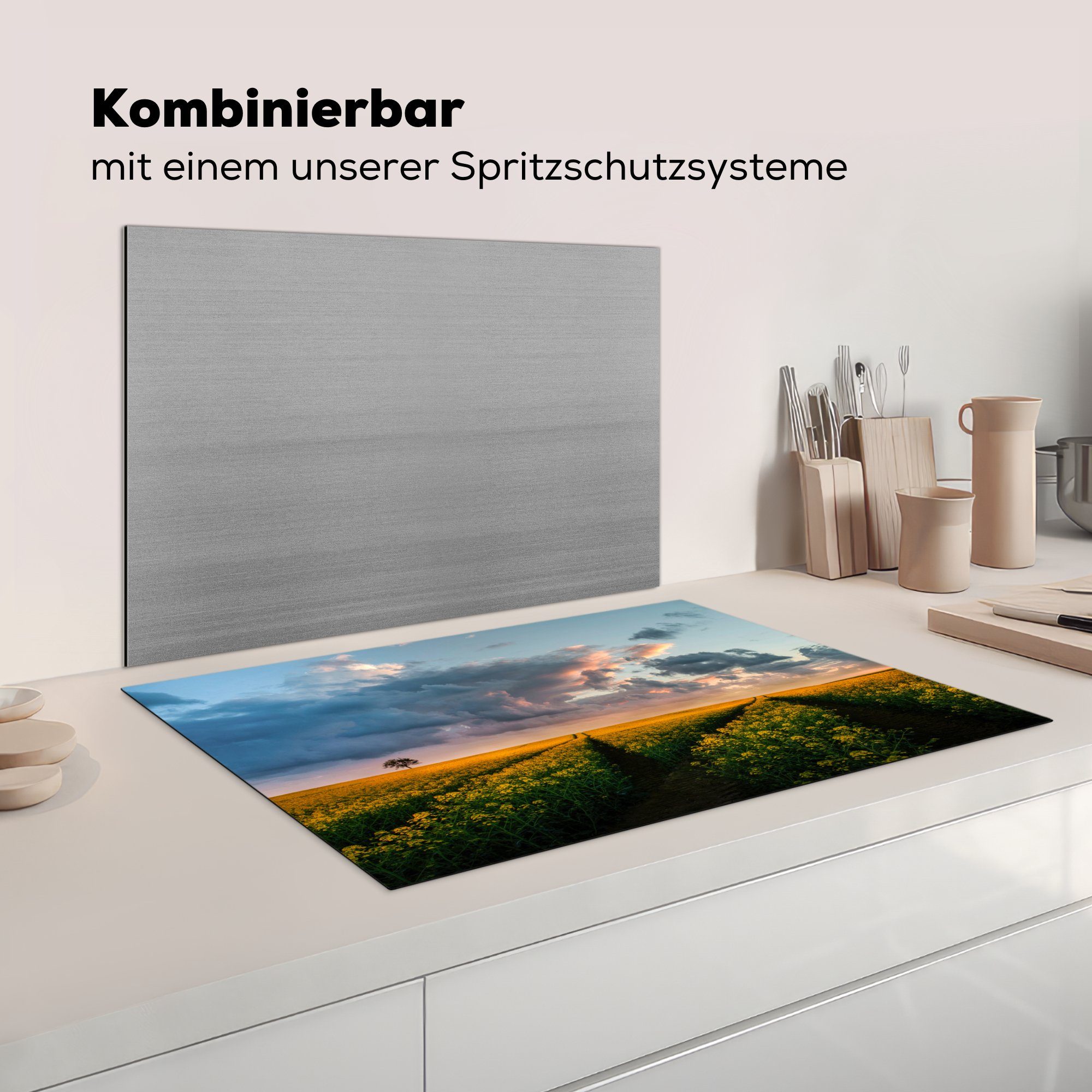 tlg), 81x52 Sonnenuntergang, - Vinyl, (1 Schutz cm, Gelb die Induktionskochfeld Ceranfeldabdeckung Herdblende-/Abdeckplatte küche, Blumen - für MuchoWow