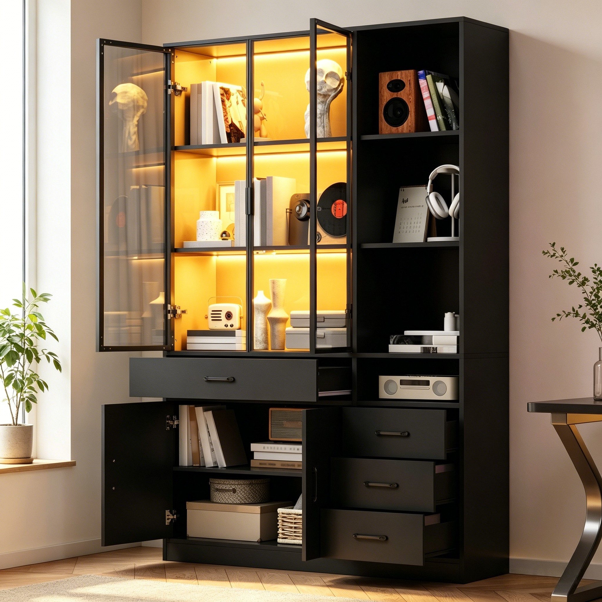 Merax Glasvitrine mit LED, Hochschrank Vitrinenschrank Aufbewahrungsschrank (120x35x200 cm, 1-St., Hochschrank für Wohnzimmer und Esszimmer) Vitrine mit 13 Stauraumbereichen, 4 Schubladen, Glastüren,Unterschrank