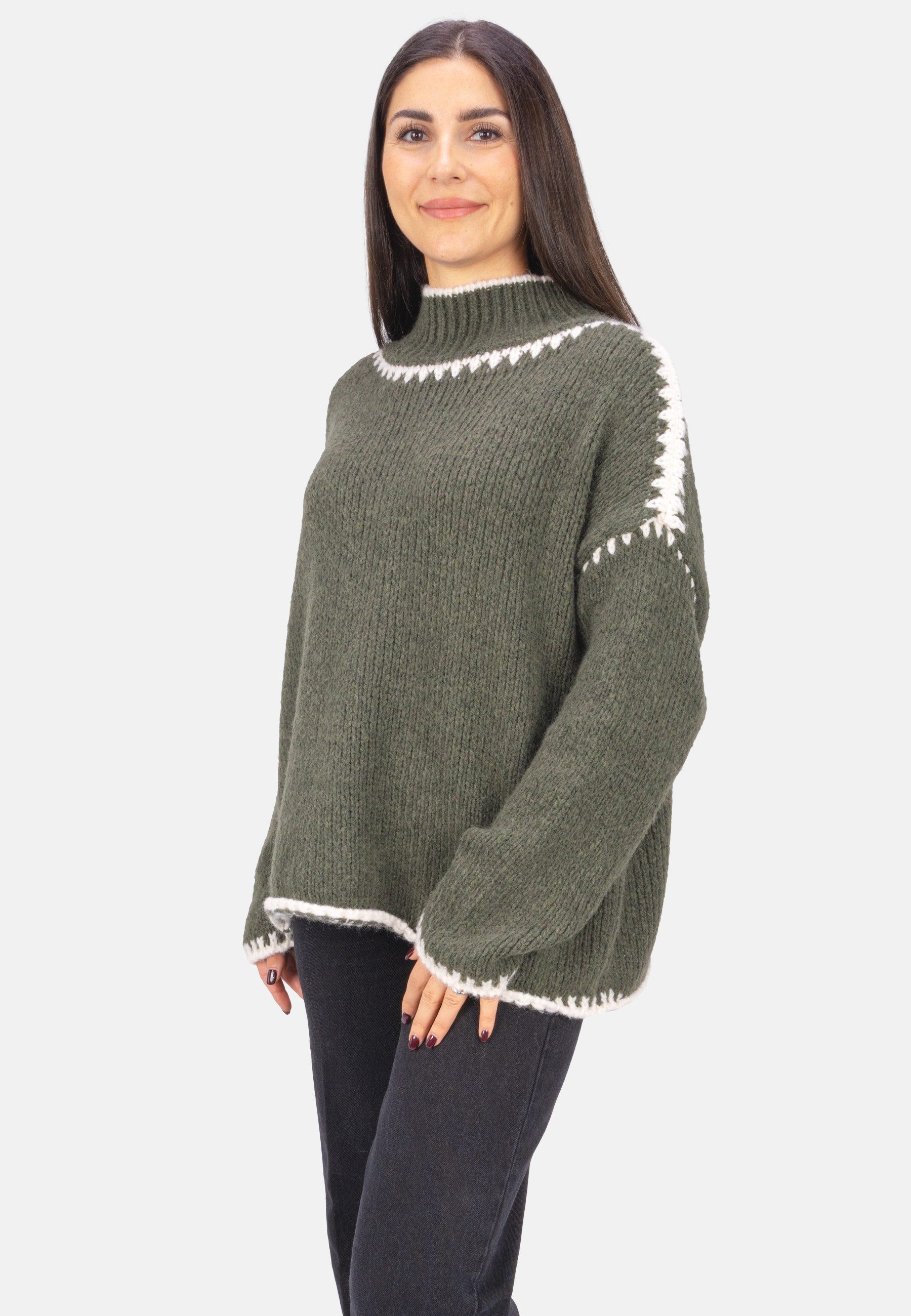 Seasons of April V-Ausschnitt-Pullover JOLIE Damen Strickpullover mit Stehkragen und Farbakzenten
