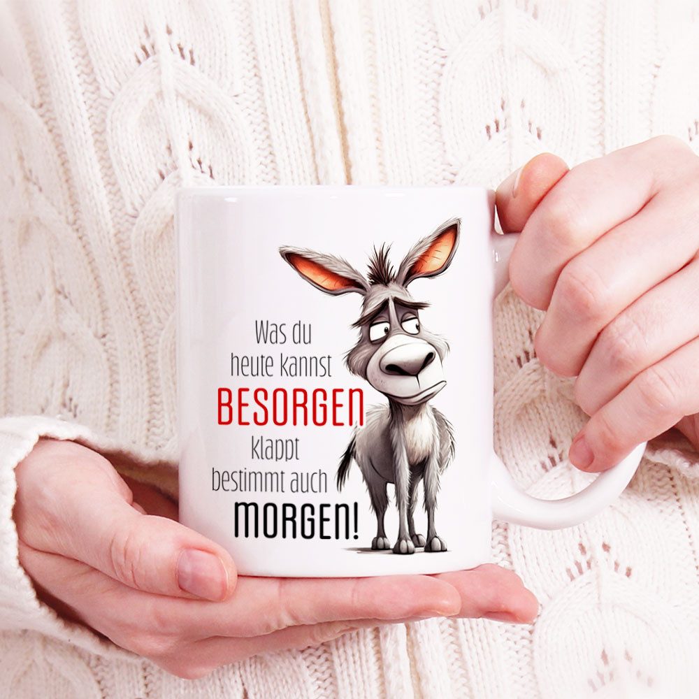 Cadouri Tasse mit Spruch WAS DU HEUTE KANNST BESORGEN Kaffeetasse Büro Arbeit, Keramik, Kaffeebecher, Geschenkidee Arbeitskollege, lustig, Humor, 330 ml