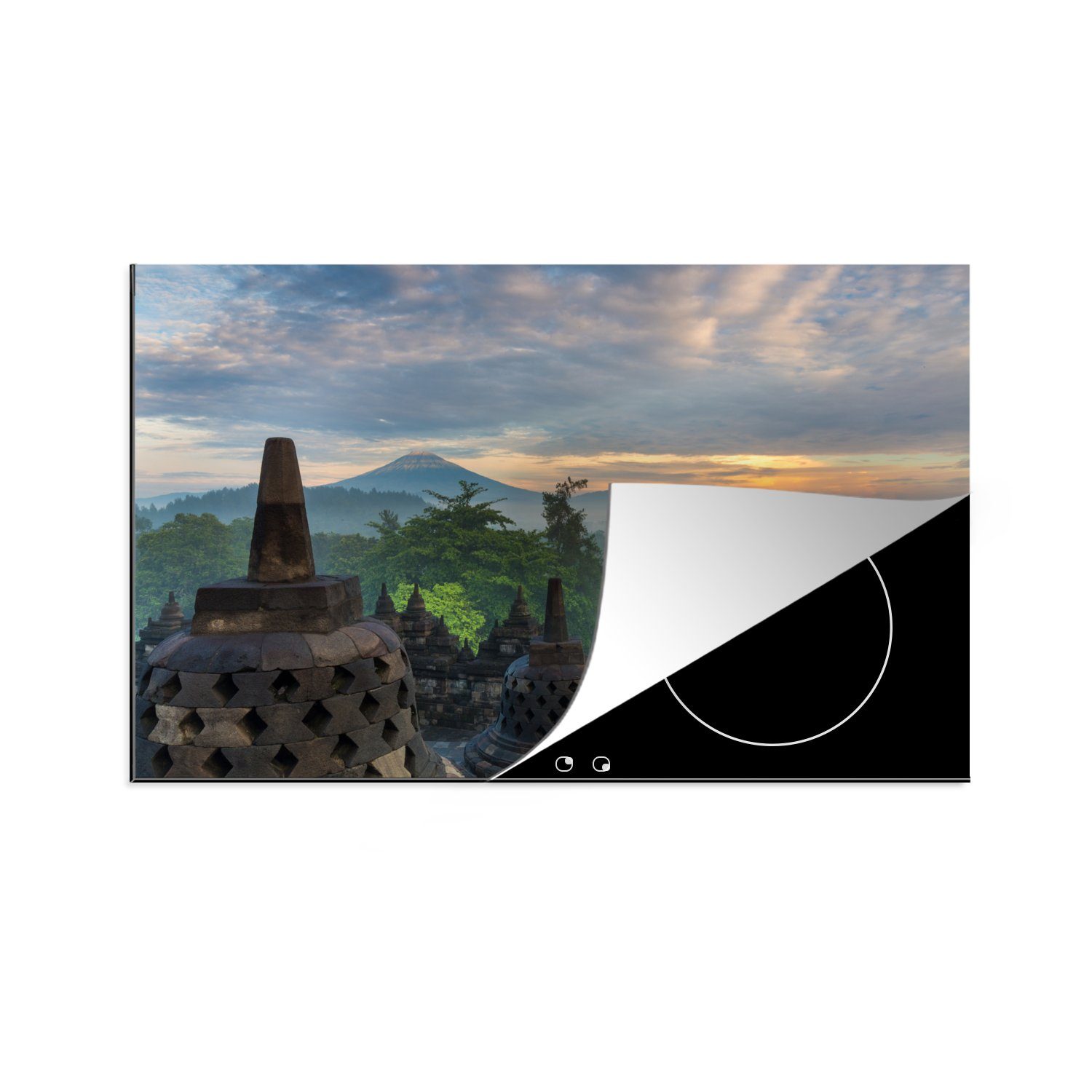 MuchoWow Herdblende-/Abdeckplatte Sonnenaufgang am Borobudur-Tempel in Indonesien, Vinyl, (1 tlg), 81x52 cm, Induktionskochfeld Schutz für die küche, Ceranfeldabdeckung