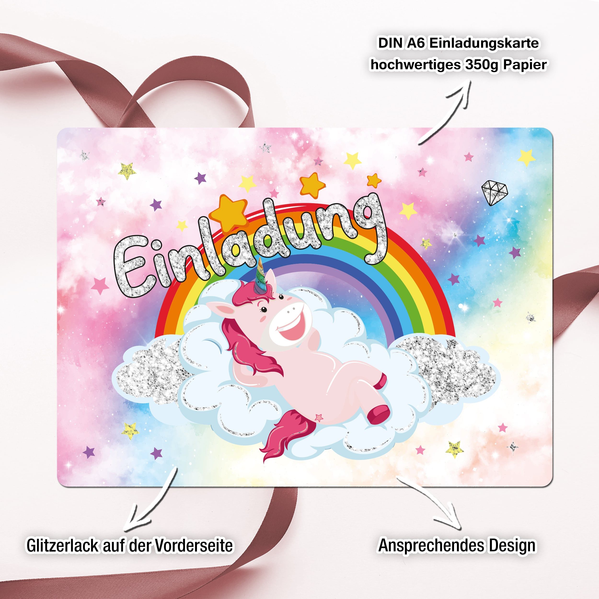 TOBJA Einladungskarten 12x Einladungskarte Einhorn Glitzer inkl Umschläge, Partyeinladungen A6 (10,5 x 14,8 cm) Postkarten