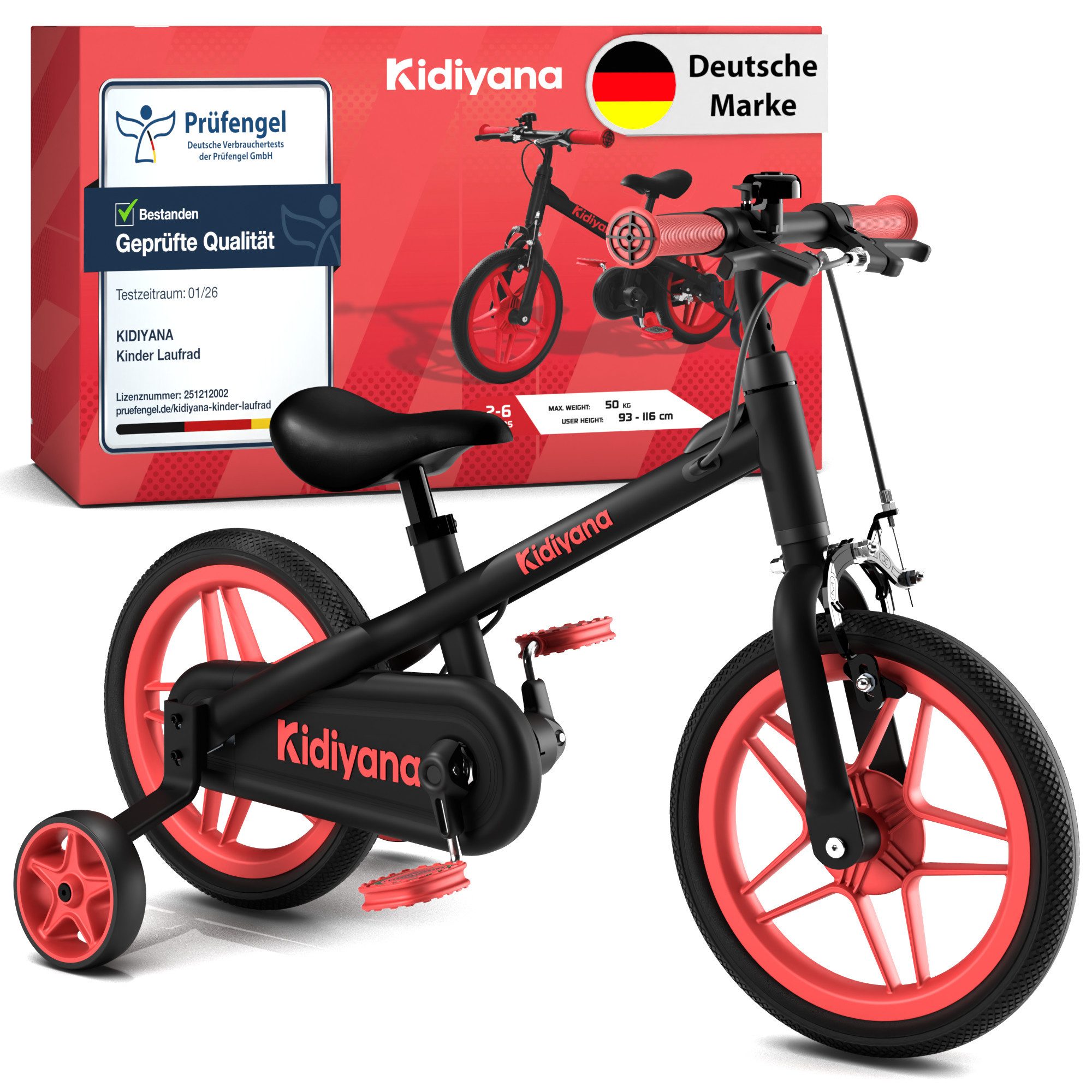 Kidiyana Laufrad 3-in-1 Laufrad 12 Zoll ab 2 Jahren, Alurahmen, pannenfest, mit abnehmbaren Pedalen und Stützrädern