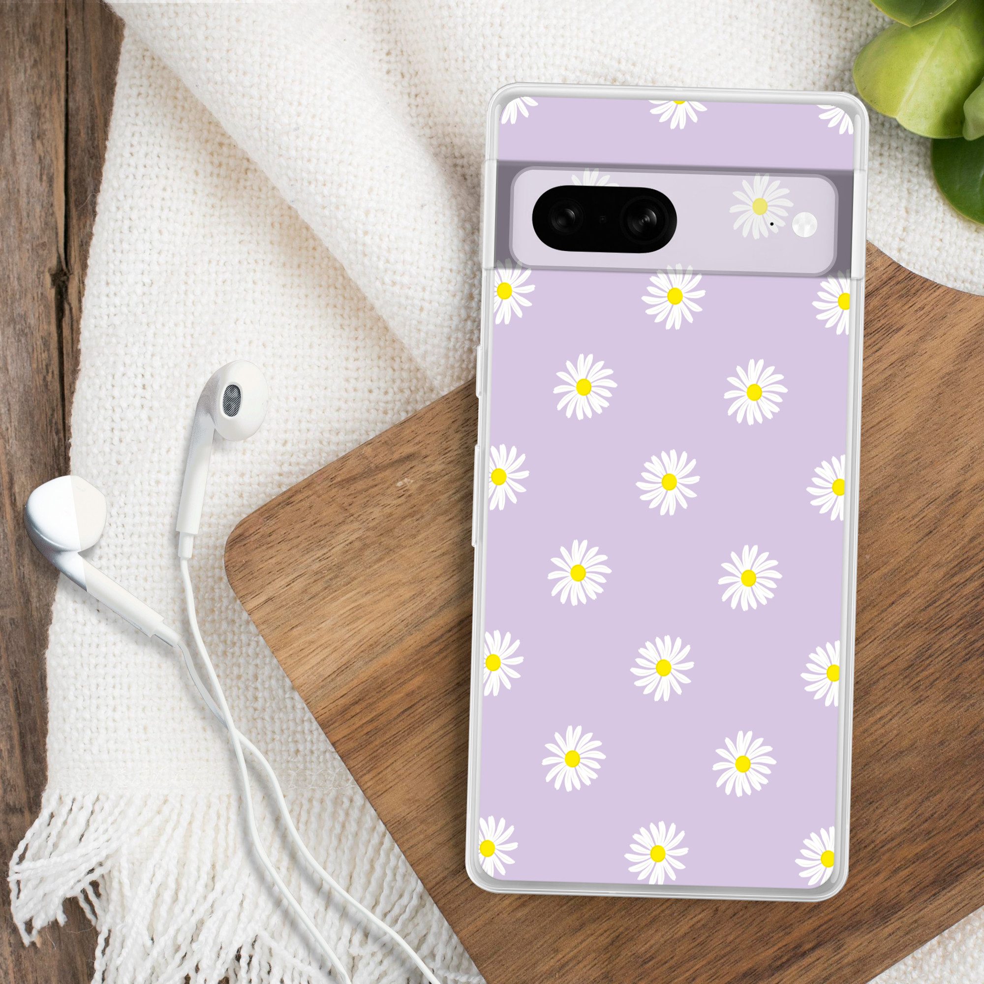 MuchoWow Handyhülle für Google Pixel 7 Gänseblümchen - Pastell - Weiß - Lila - Blumen, Phone Case, Silikon, Schutzhülle Dünn