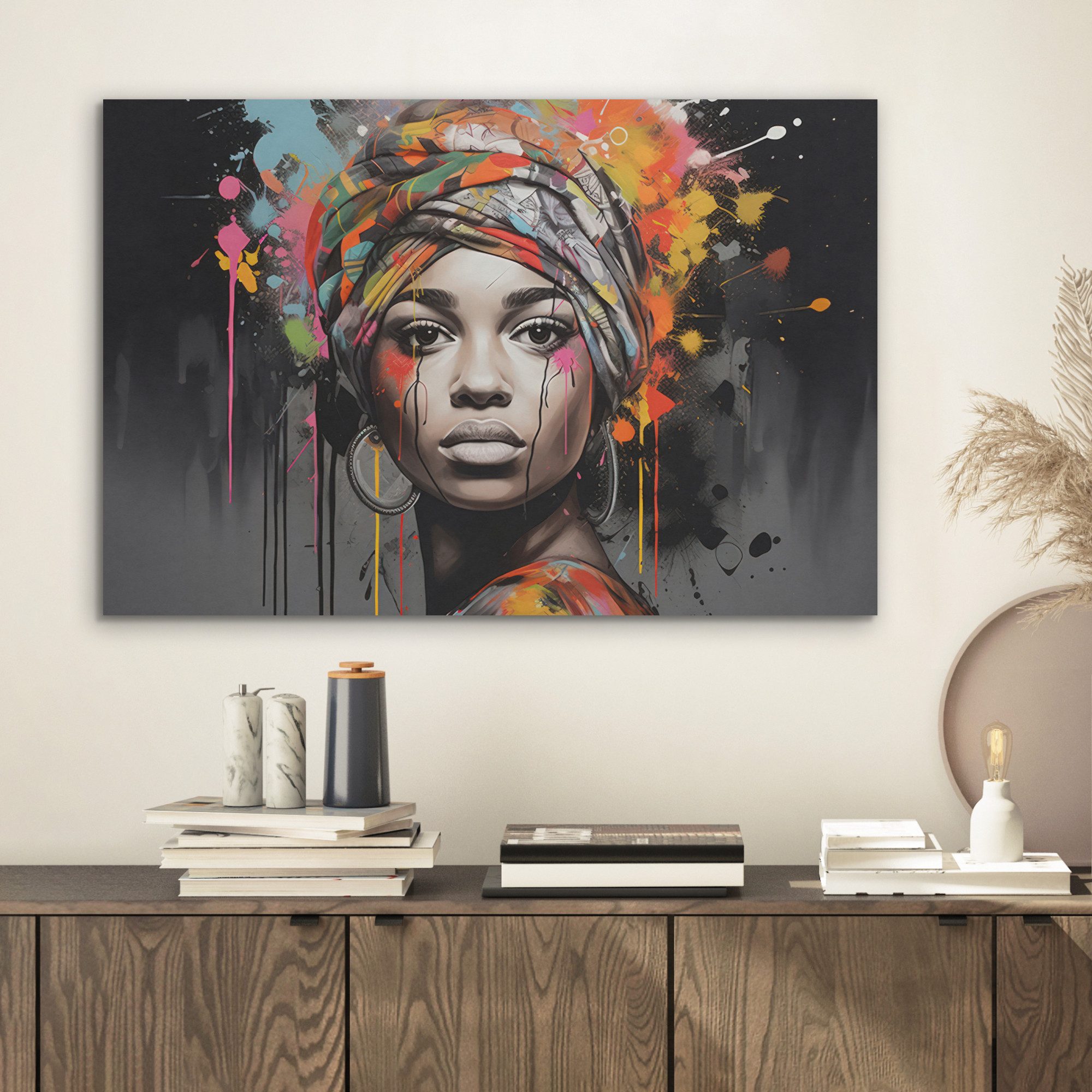 MuchoWow Gemälde Frau - Kopftuch - Graffiti - Schwarz, Fotodruck (1 St), Akustikbilder Schallabsorber, Wandpaneele, Akustikpaneele 60x40 cm
