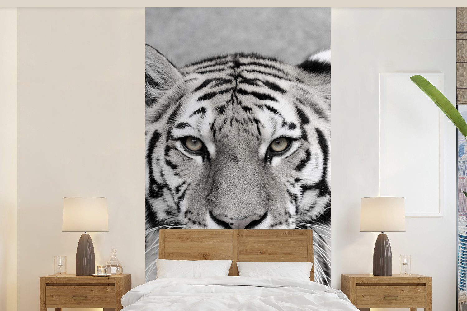 MuchoWow Fototapete Tiger - Natur - Schwarz - Weiß, Matt, bedruckt, (2 St), Vliestapete für Wohnzimmer Schlafzimmer Küche, Fototapete