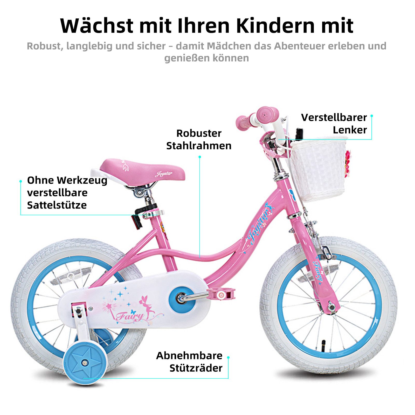JOYSTAR Kinderfahrrad Mädchen Kinder Fahrrad für Kleinkinder und Kinder Alter 2-8 Jahre alt, mit Stützräder, Handbremse und Korb, Geschenke für Prinzessinnen