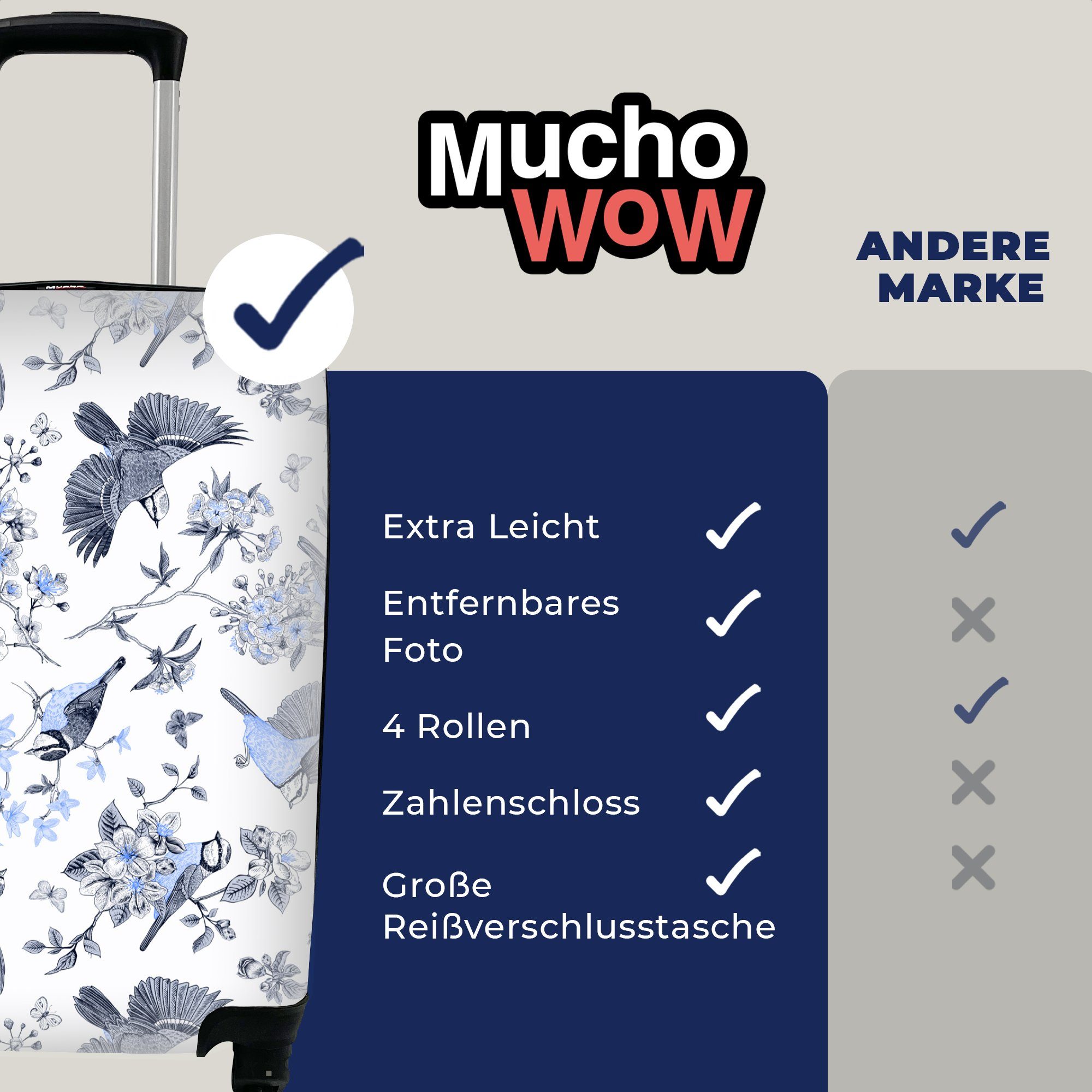 MuchoWow Handgepäckkoffer Blumen - - für Vogel rollen, Ferien, Trolley, Blau, Rollen, mit Handgepäck Reisetasche 4 Reisekoffer