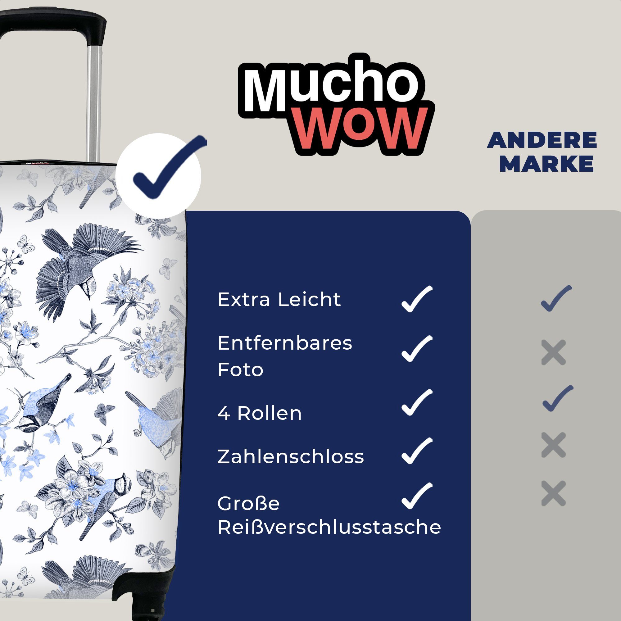 - 4 Blau, Reisetasche Vogel für rollen, Trolley, Handgepäck mit Blumen Handgepäckkoffer Rollen, Reisekoffer - MuchoWow Ferien,