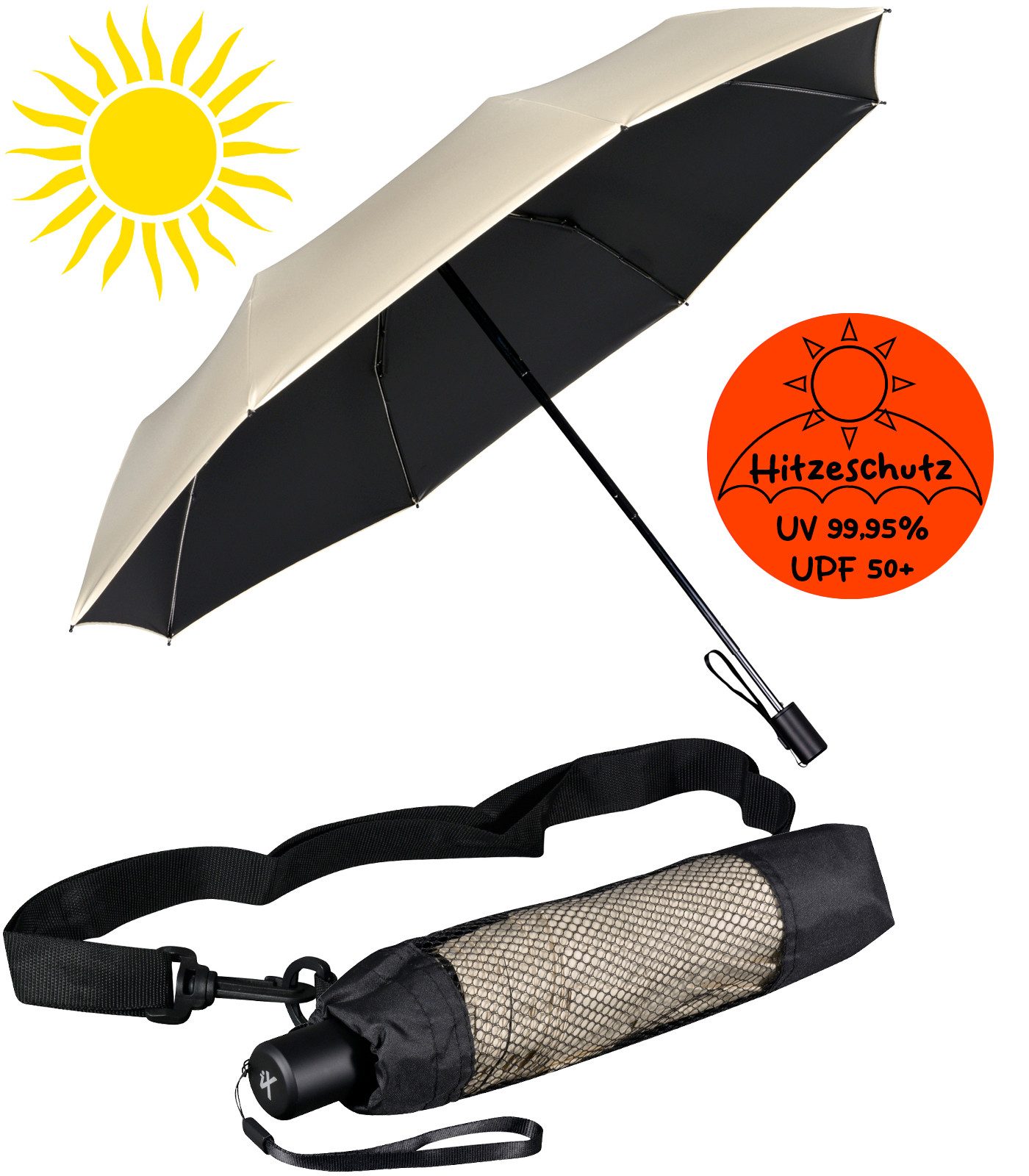 iX-brella Taschenregenschirm Sonnen-Regenschirm mit UPF 50+, UV-Hitze-Schutz, mit Umhängetasche, mit Handöffner, innen schwarz