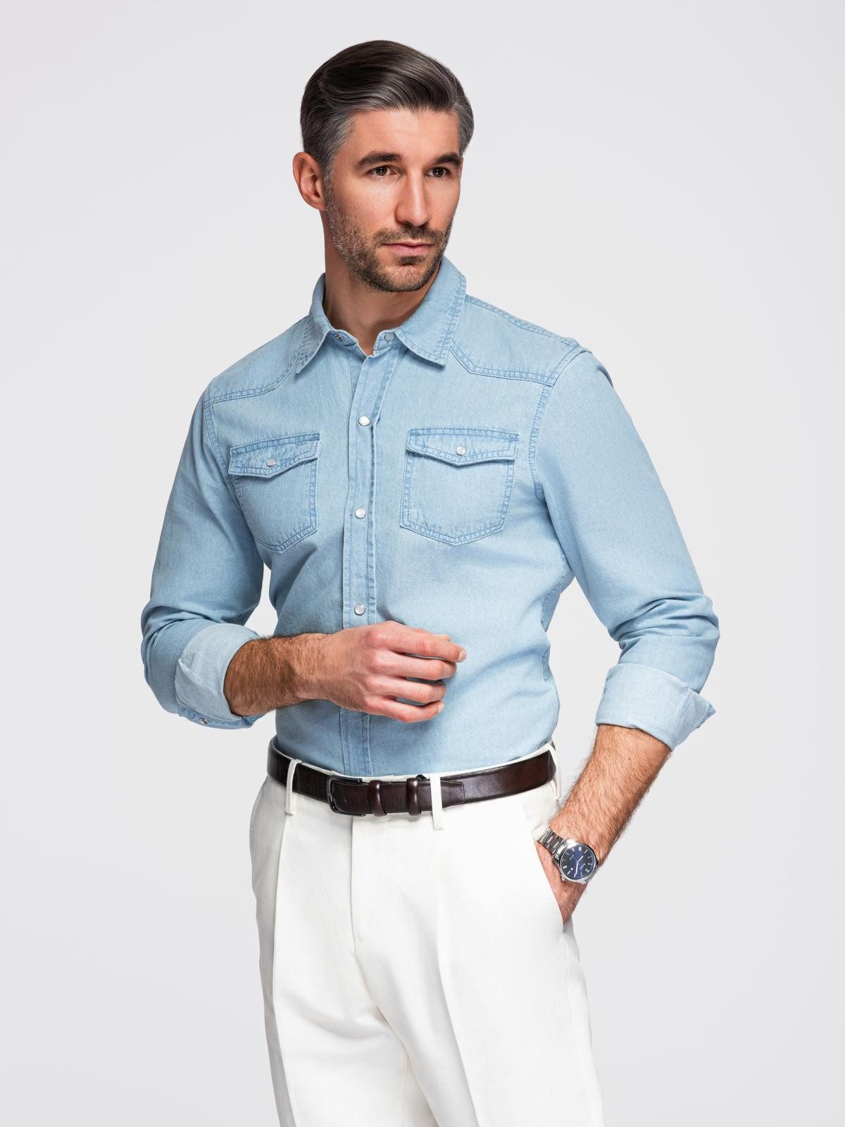 Langarmhemd Jeanshemd mit Druckknöpfen und Brusttaschen