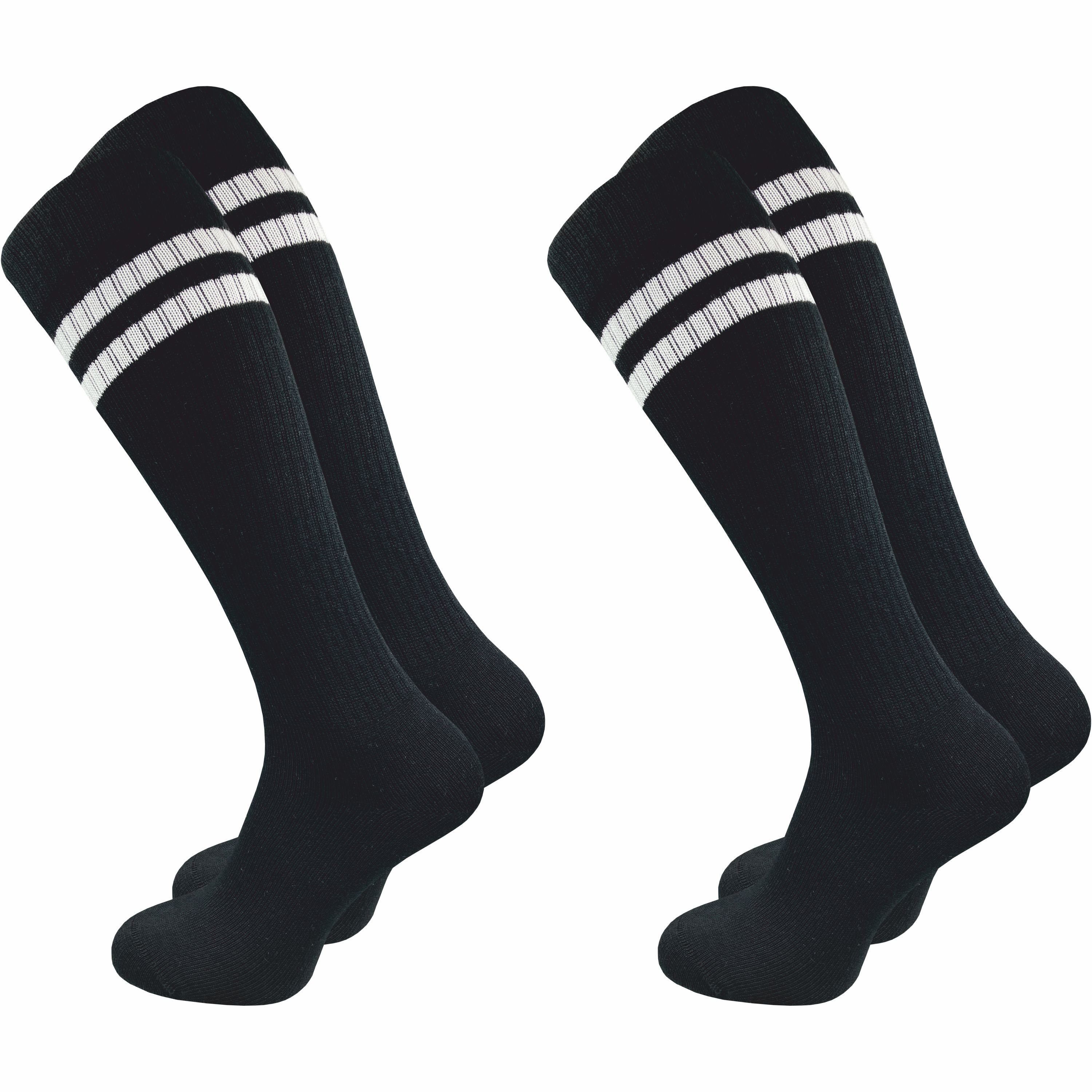 GAWILO Kniestrümpfe Retro für Herren mit stylischen Streifen - weiß & schwarz - Baumwolle (2 Paar) Knielange Socken im sportlichen Look - auch zum Wandern geeignet Schwarz mit Streifen | Wandersocken