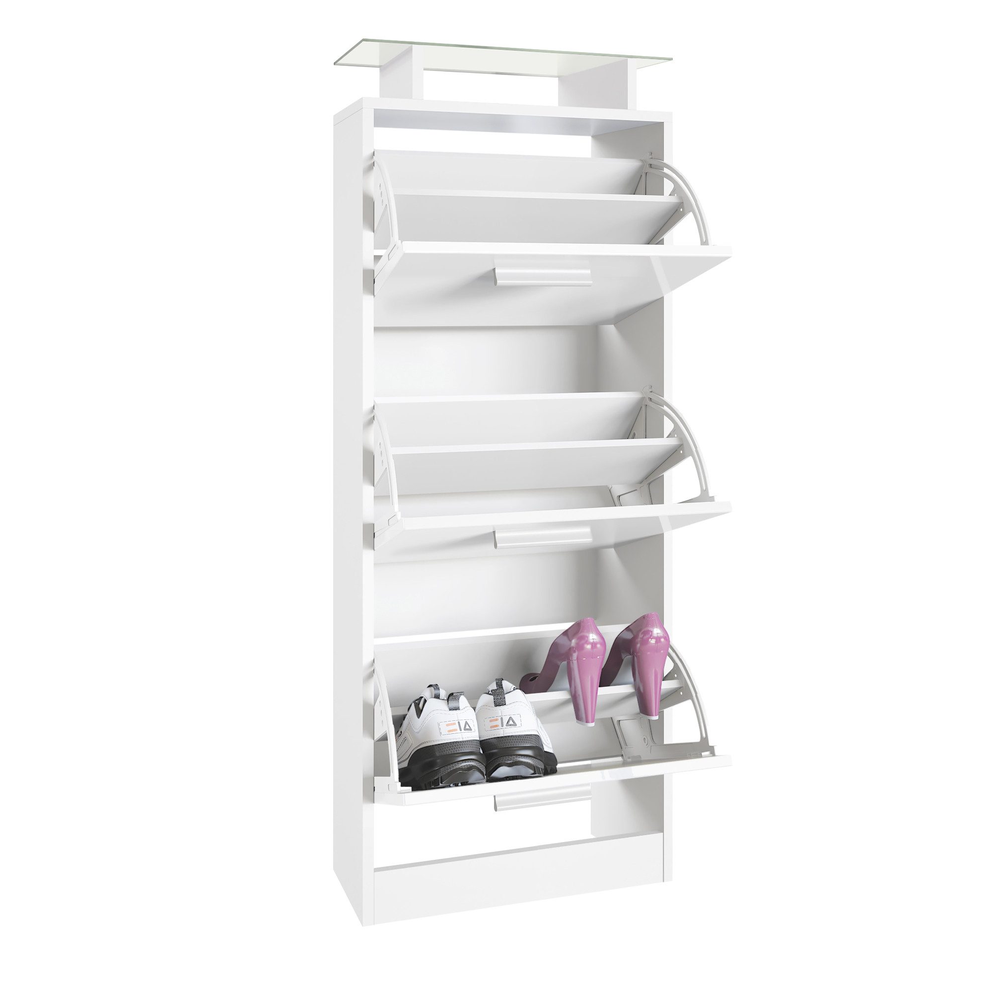 Vladon Schuhschrank Lavia V2 (Schuhkipper, für 12 Paar Schuhe mit 3 Klappen und Glasablage) Weiß matt/Schwarz matt (46 x 128 x 23 cm)