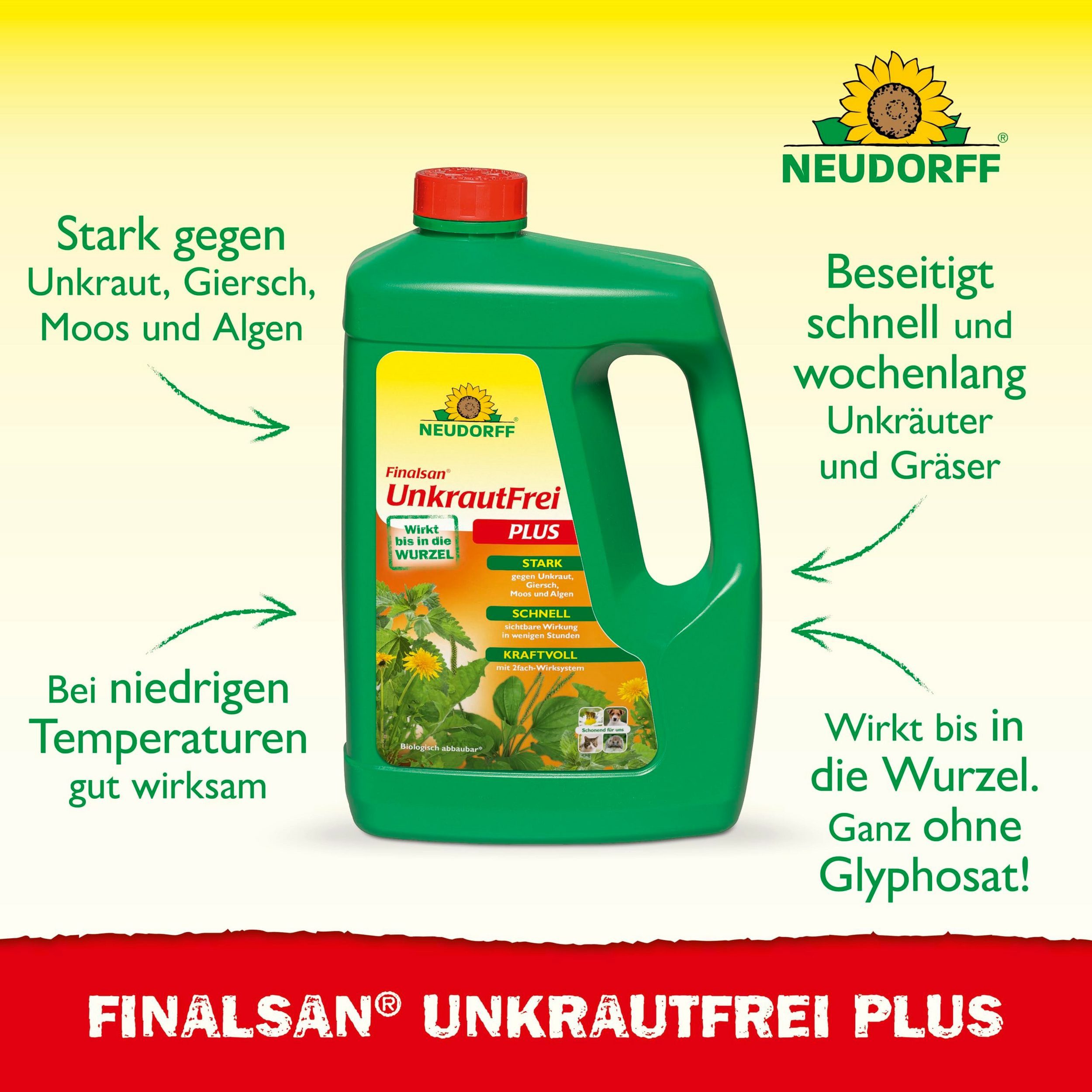 Neudorff Unkrautbekämpfungsmittel Finalsan UnkrautFrei Plus, 2500 ml, 1 St., schonend für Haustiere, Unkraut entferner ohne Glyphosat, Glyphosatfreies Unkrautvernichter-Konzentrat mit 2-fach-Wirksystem