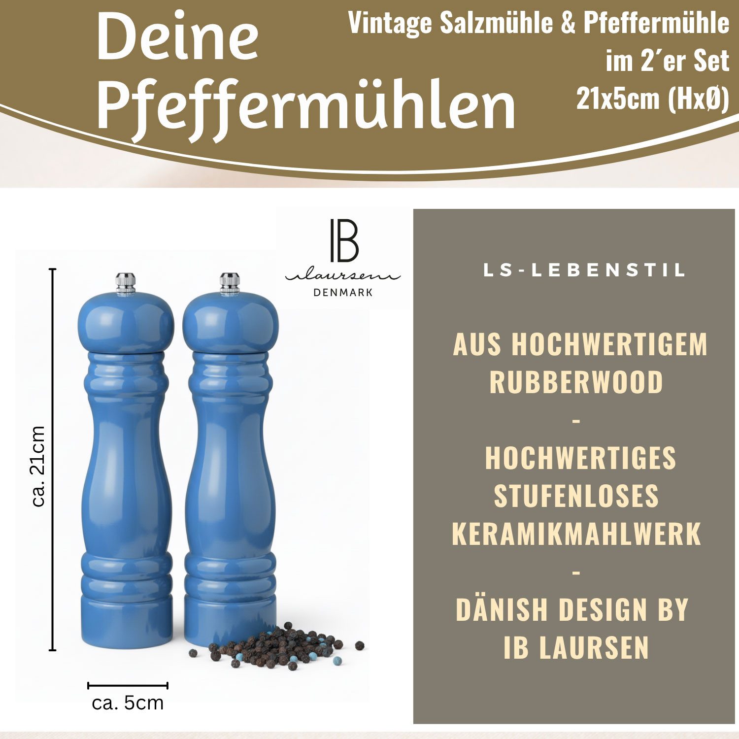 LS-LebenStil Salz-/Pfeffermühle iB Laursen Design Holz Mühlen Set Pazifik Blau 21cm Keramikmahlwerk, (2 Stück), Gewürzmühle grobes Salz schwarze Pfefferkörner Chili Muskatnuss