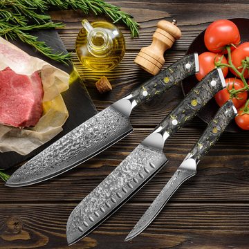 KingLux Messer-Set 3tlg.Damast Küchenmesser Damaszener Stahl Chef Santoku Filetiermesser (3-tlg)