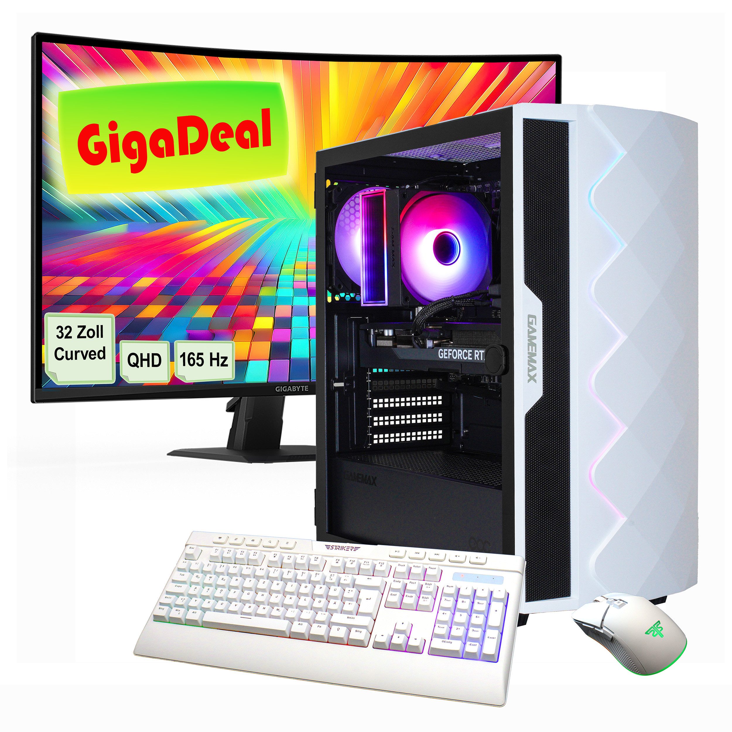 GAMEMAX GigaDeal Diamond WT SET2643 Gaming-PC-Komplettsystem (32", Intel® Core i5 14400F, RTX 5060 Ti, 32 GB RAM, 1000 GB SSD, Windows 11 + Gigabyte GS32QC LED-Monitor Curved, 80 cm (32)