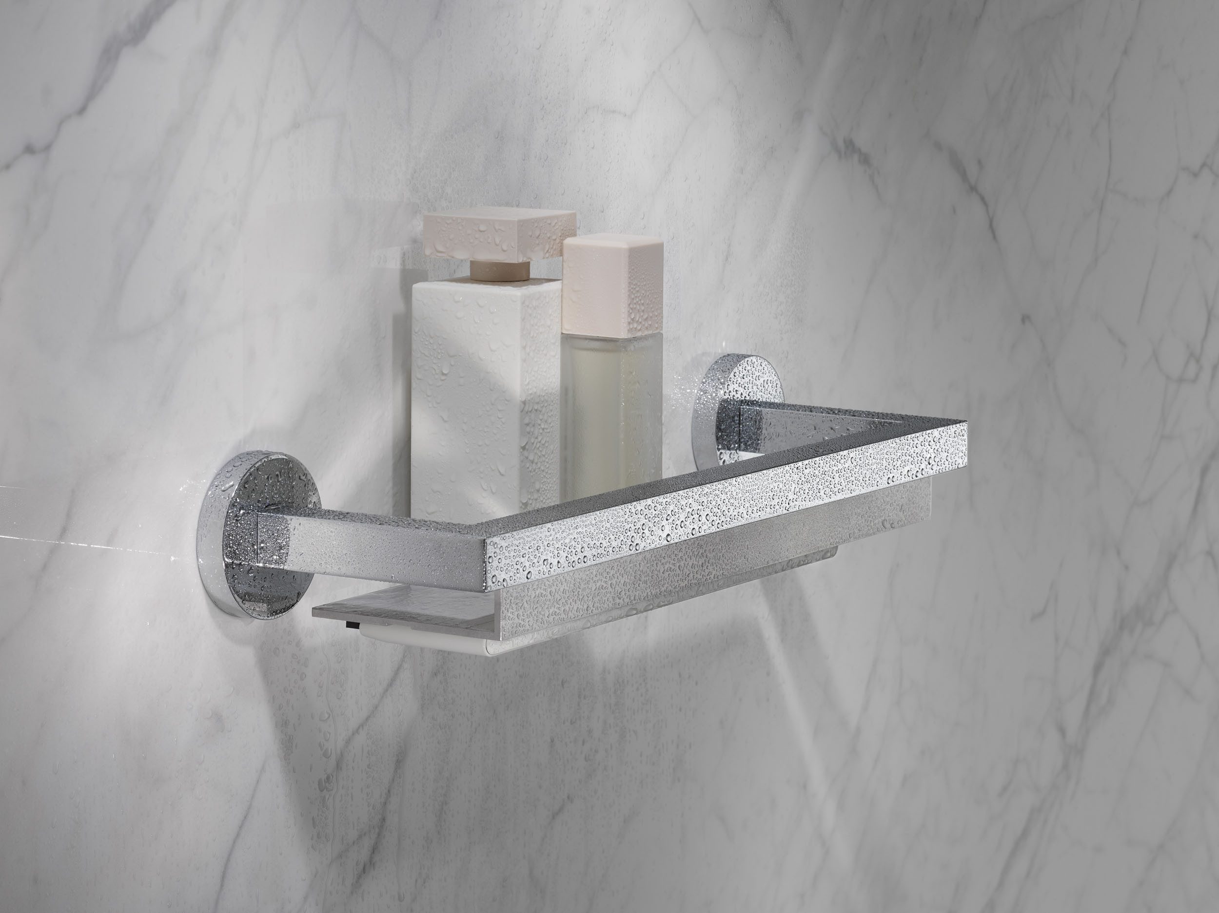 Keuco Duschablage Edition 90 mit Glasabzieher und Klebeset, Set, 40 cm, aus eloxiertem Aluminium und verchromtem Metall, Wandmontage