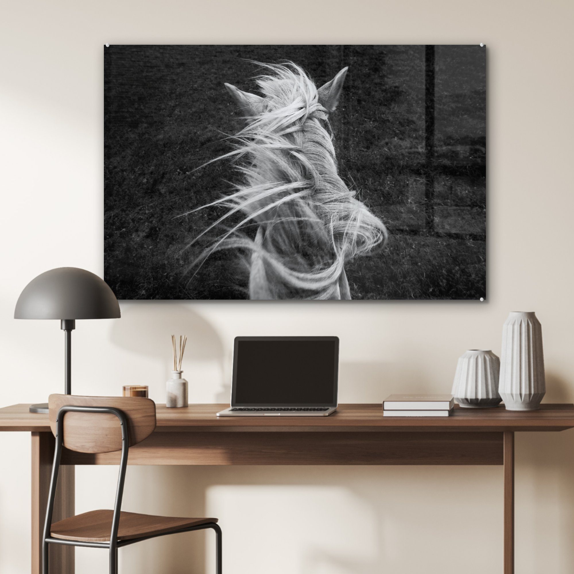 Weiß, Mähne Pferdes in und (1 eines Wohnzimmer Schlafzimmer Acrylglasbild Schwarz St), & MuchoWow Acrylglasbilder