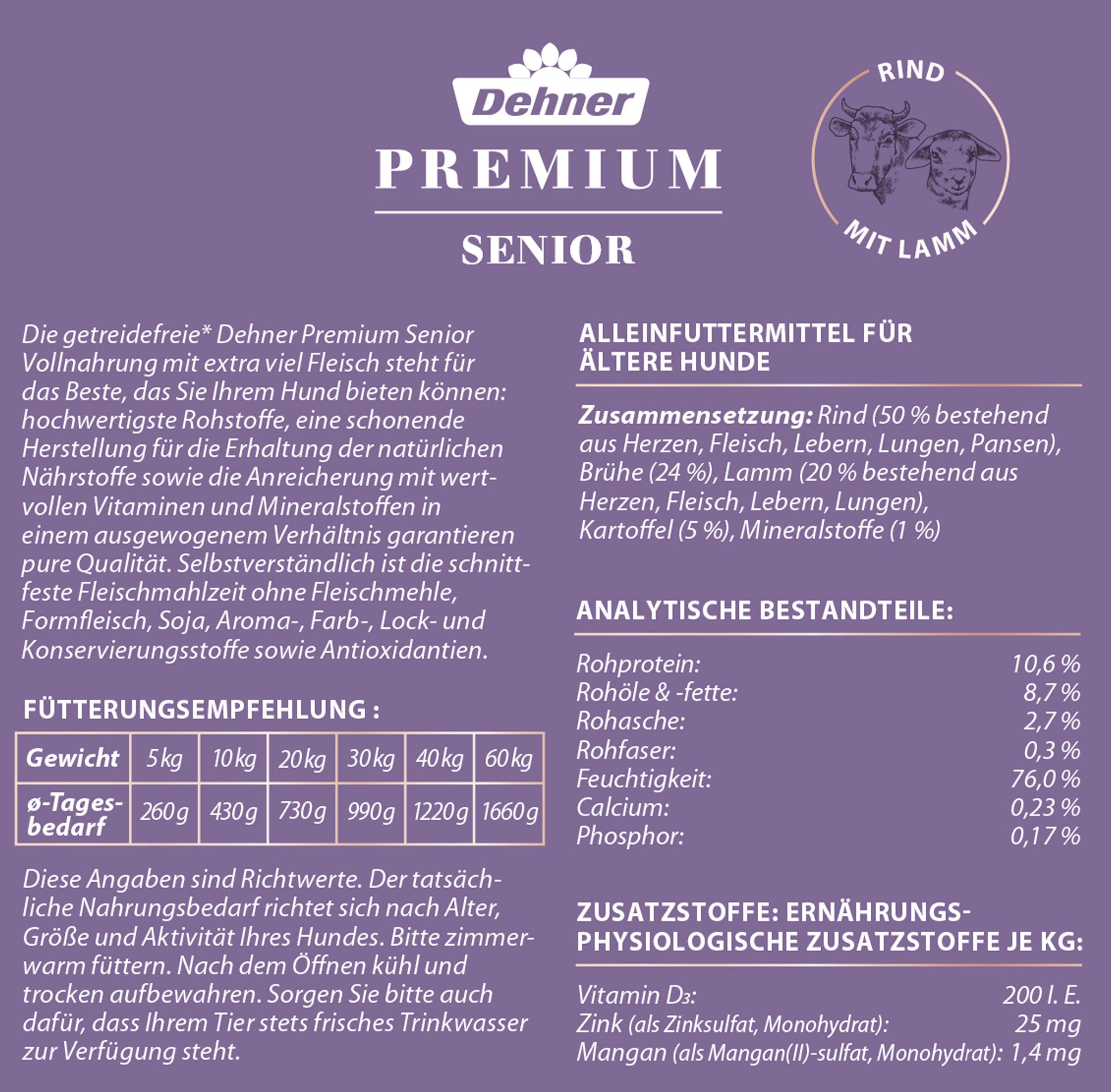 Dehner Premium Senior Lamm, 6 x 800 g Dose, getreidefrei Rind, Nassfutter für: Hunde, Nassfutter für ausgewachsene Hunde