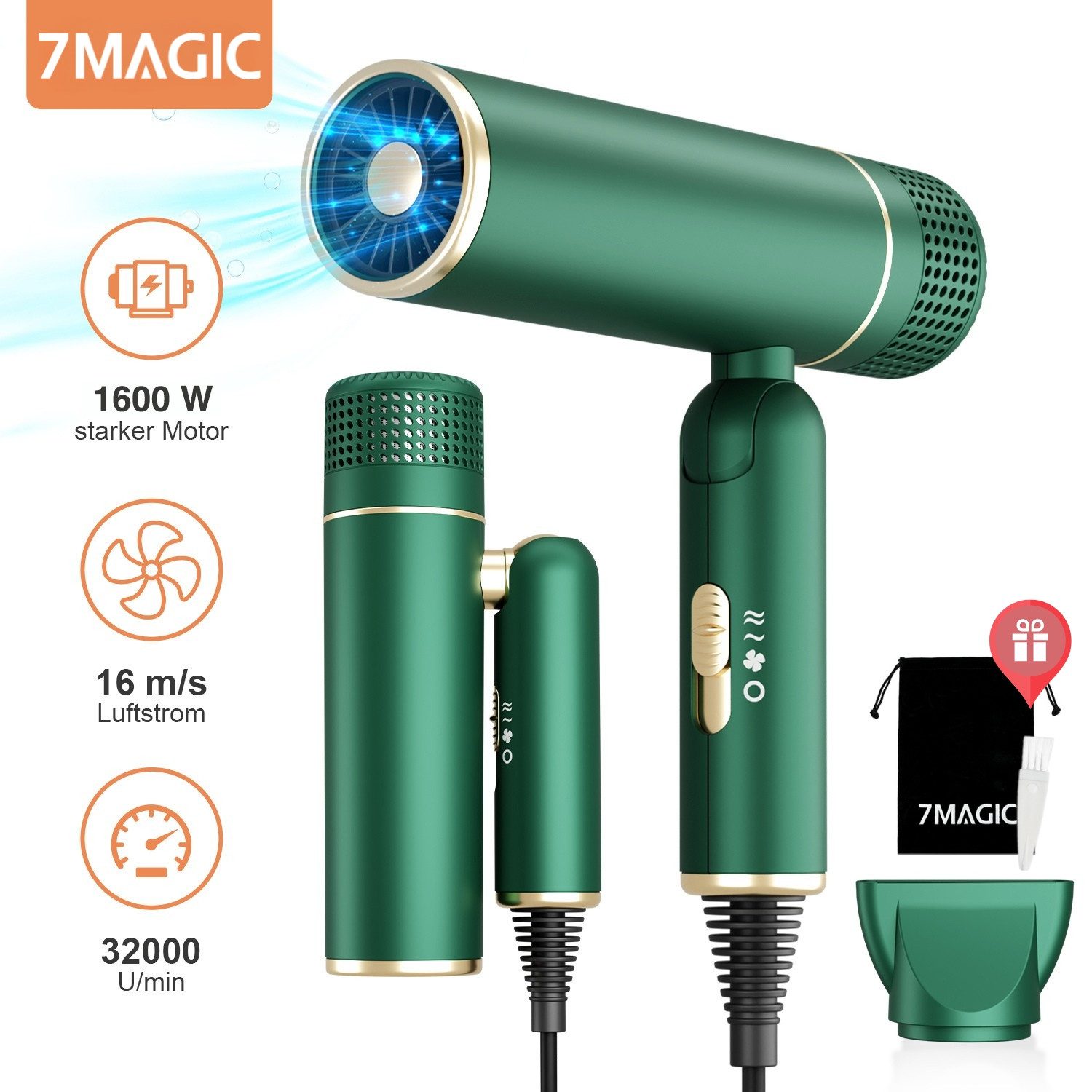 MCURO Haartrockner Faltbarer Ionen Reiseföhn, 1600,00 W, Anti-Frizz, 3 Temperaturstufen, 2 Luftstärken, für Urlaub & Alltag, mit Stylingdüse oder Diffusor, ultraleicht & platzsparend