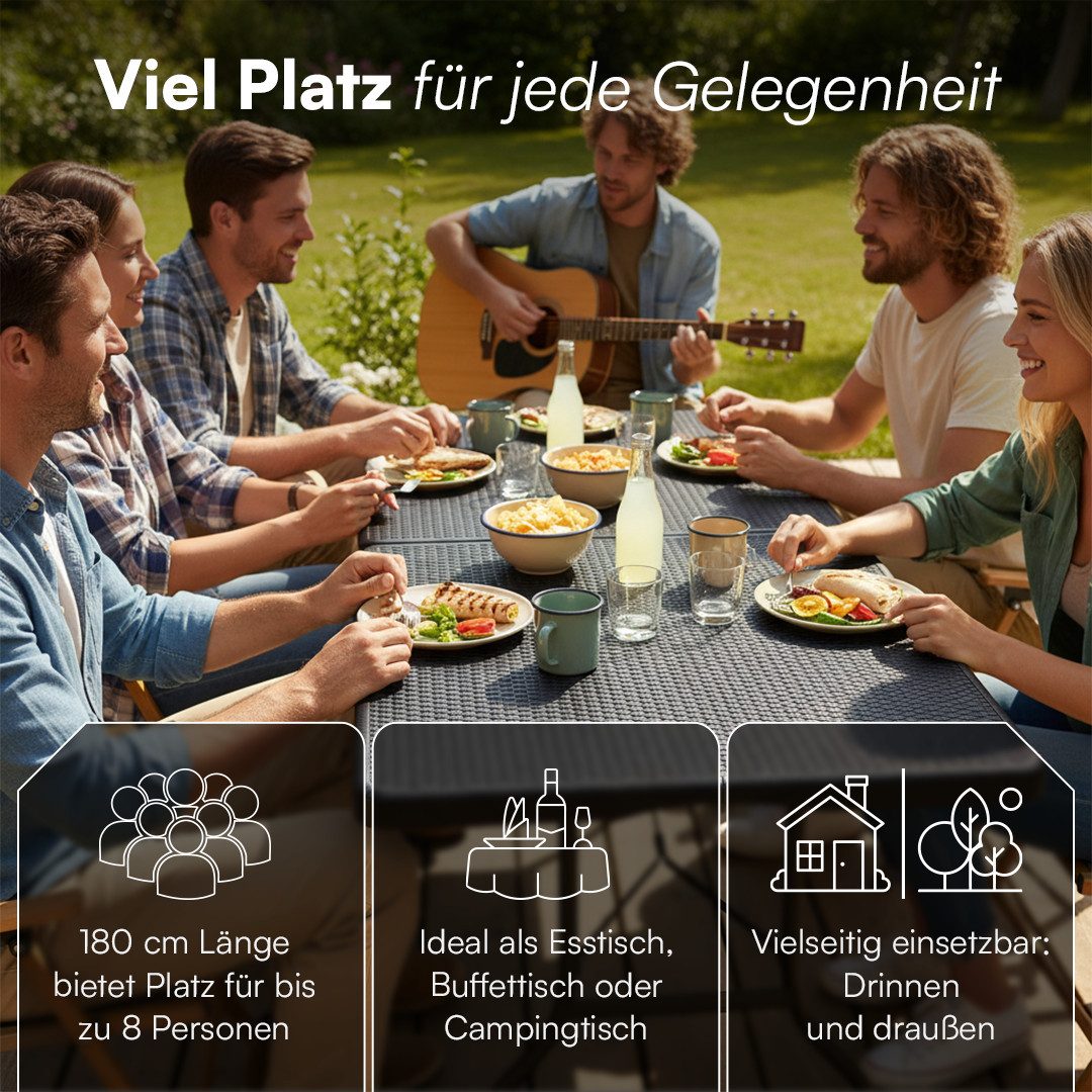 STEELSØN Bierzeltgarnitur Zennar klappbar & wetterfest, (schwarz, Buffettisch Rattanoptik), Gartentisch 180x70 cm, Klapptisch für 8 Personen