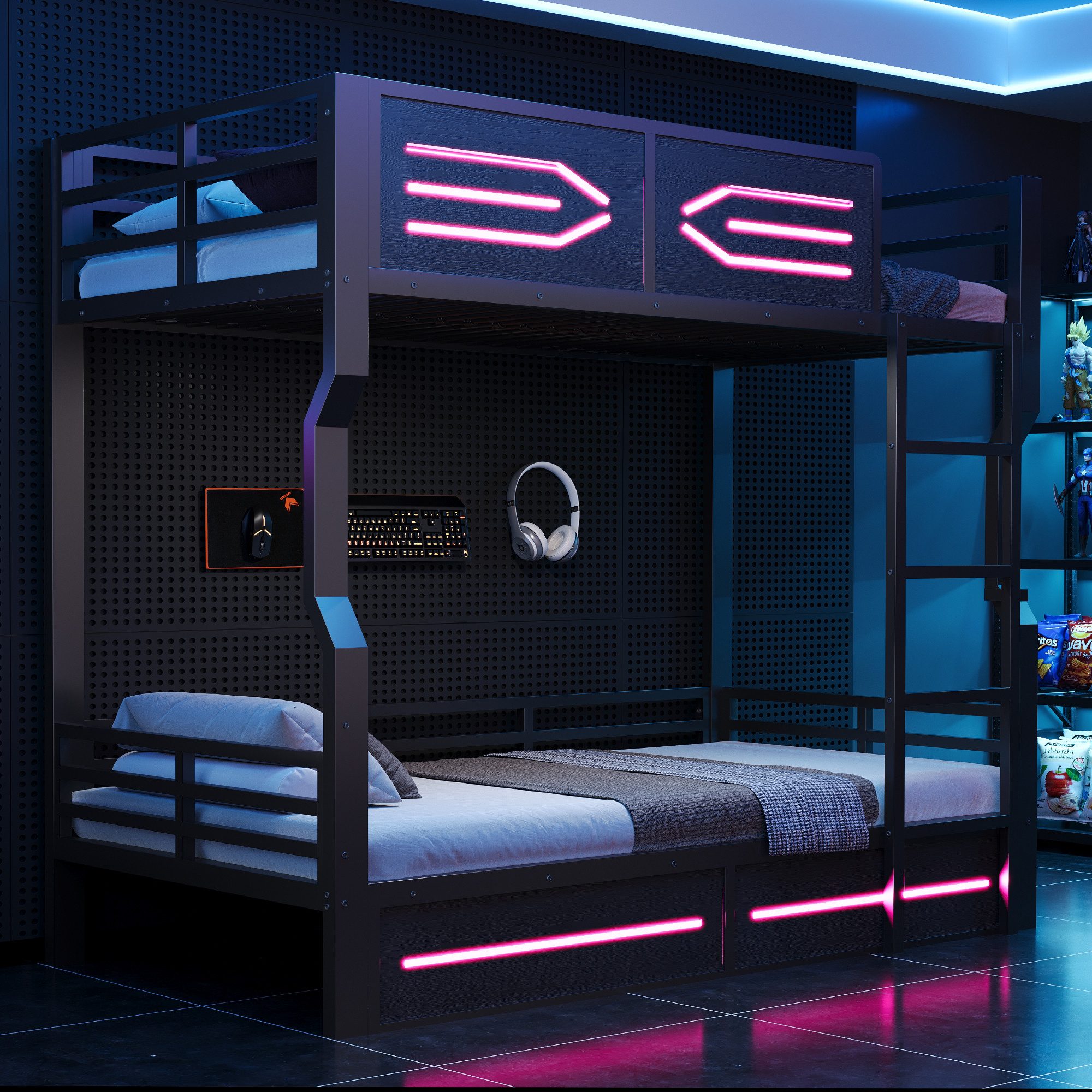 MODFU Etagenbett mit LED-Beleuchtung, geradlinigem Design und hohen Seitengittern (Jugendbett Eisenbett, 90x200 cm Kinderbett), ohne Matratze