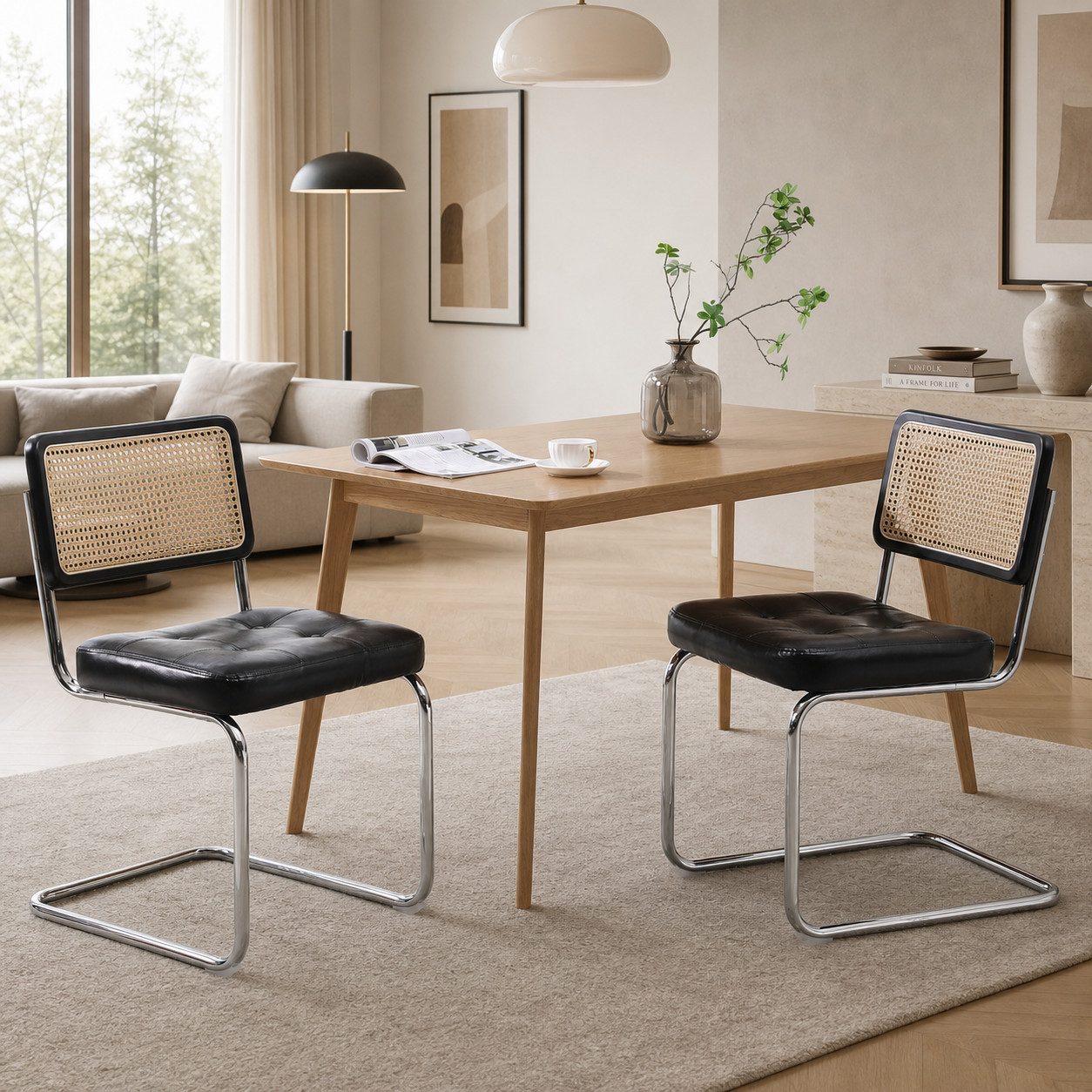 LIVIHOME Esszimmerstuhl Rattania (Set, 2 St), mit Rattan-Rückenlehne, PU-Leder Sitzfläche und Chrombeinen