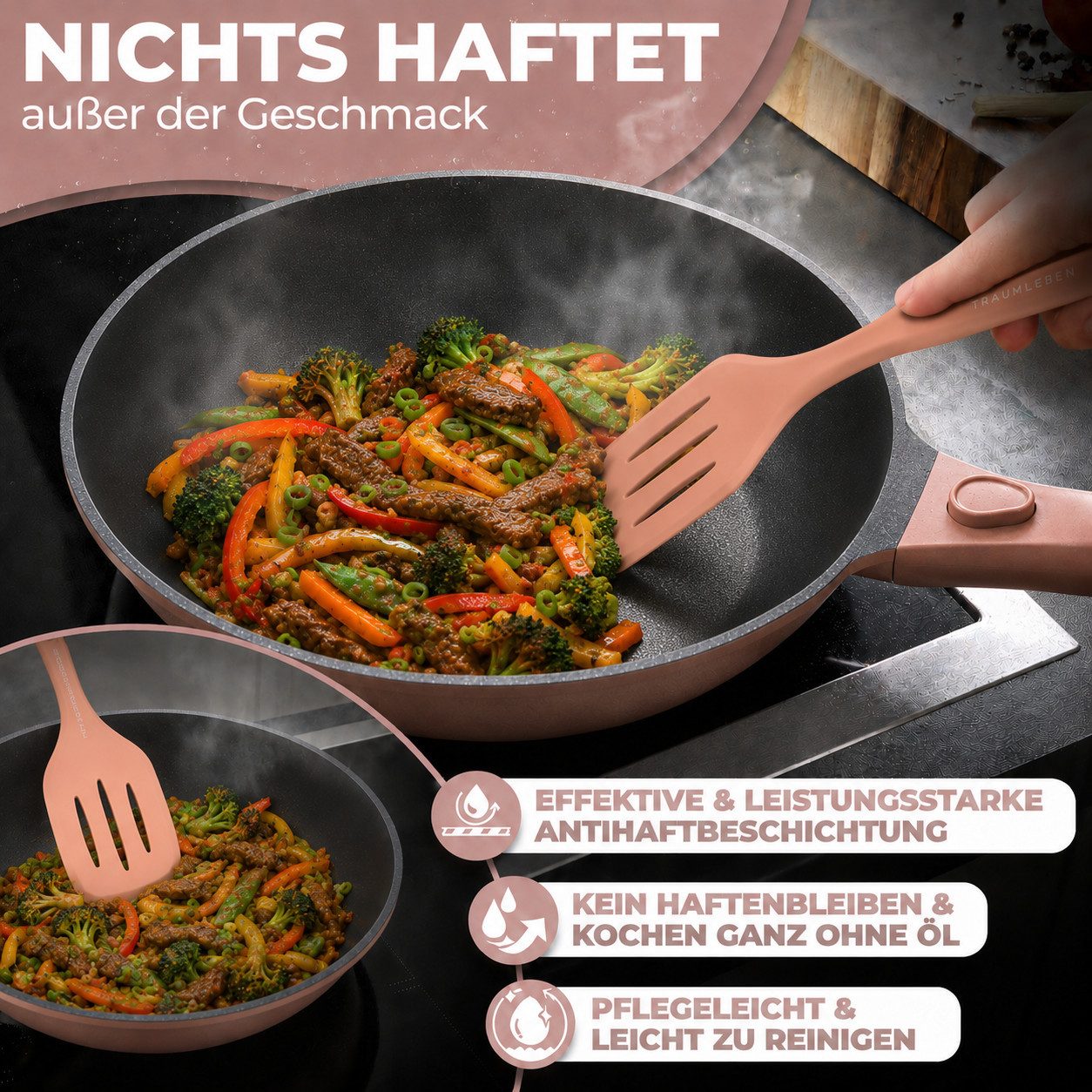 TRAUMLEBEN Wok 28 cm Wokpfanne mit Deckel, abnehmbarer Griff, Antihaftbeschichtung, aus Aluminium, für Induktion geeignet, backofenfest, hoher Rand – Bild 3 von 5