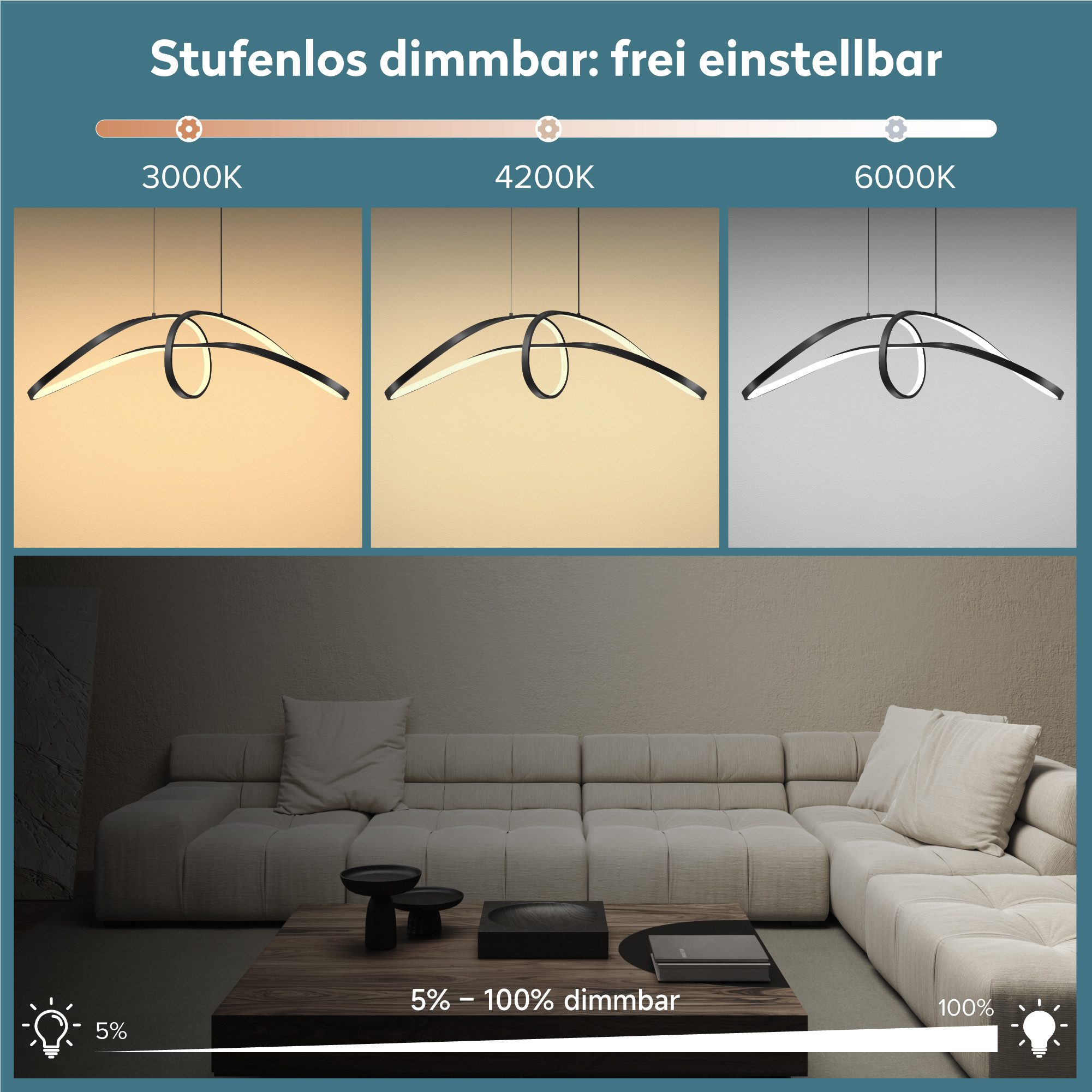doporro LED Pendelleuchte Hängeleuchte dimmbar Höhenverstellbar 30W 3 Steuerungsmoid Luvina11, LED fest integriert, 3-fach-Steuerung